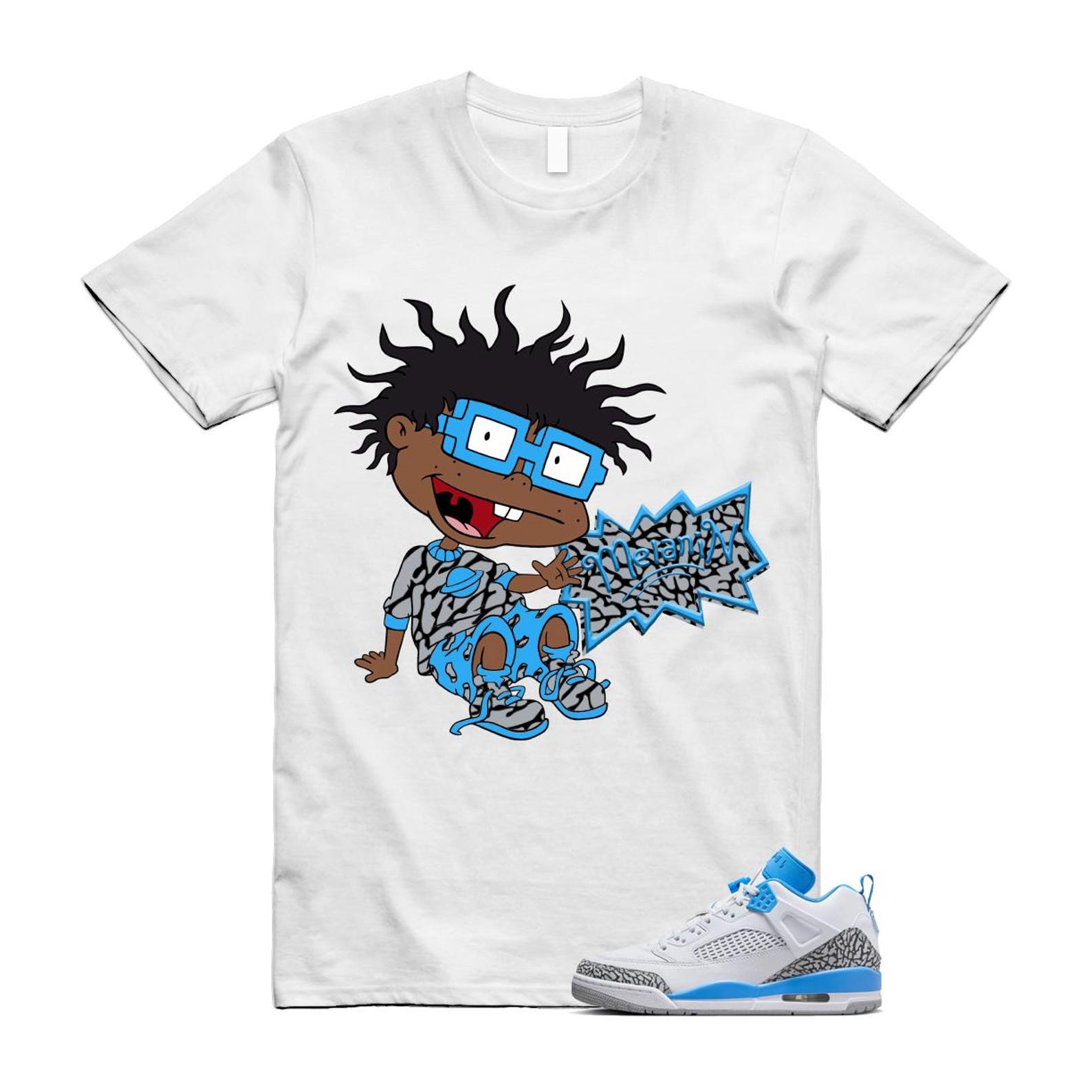 Spizike UNC University Blue White Wolf Grey Anthracite Low T Shirt Match MELANIN FQ1759-141 T-Shirt, Sneaker Match Tee