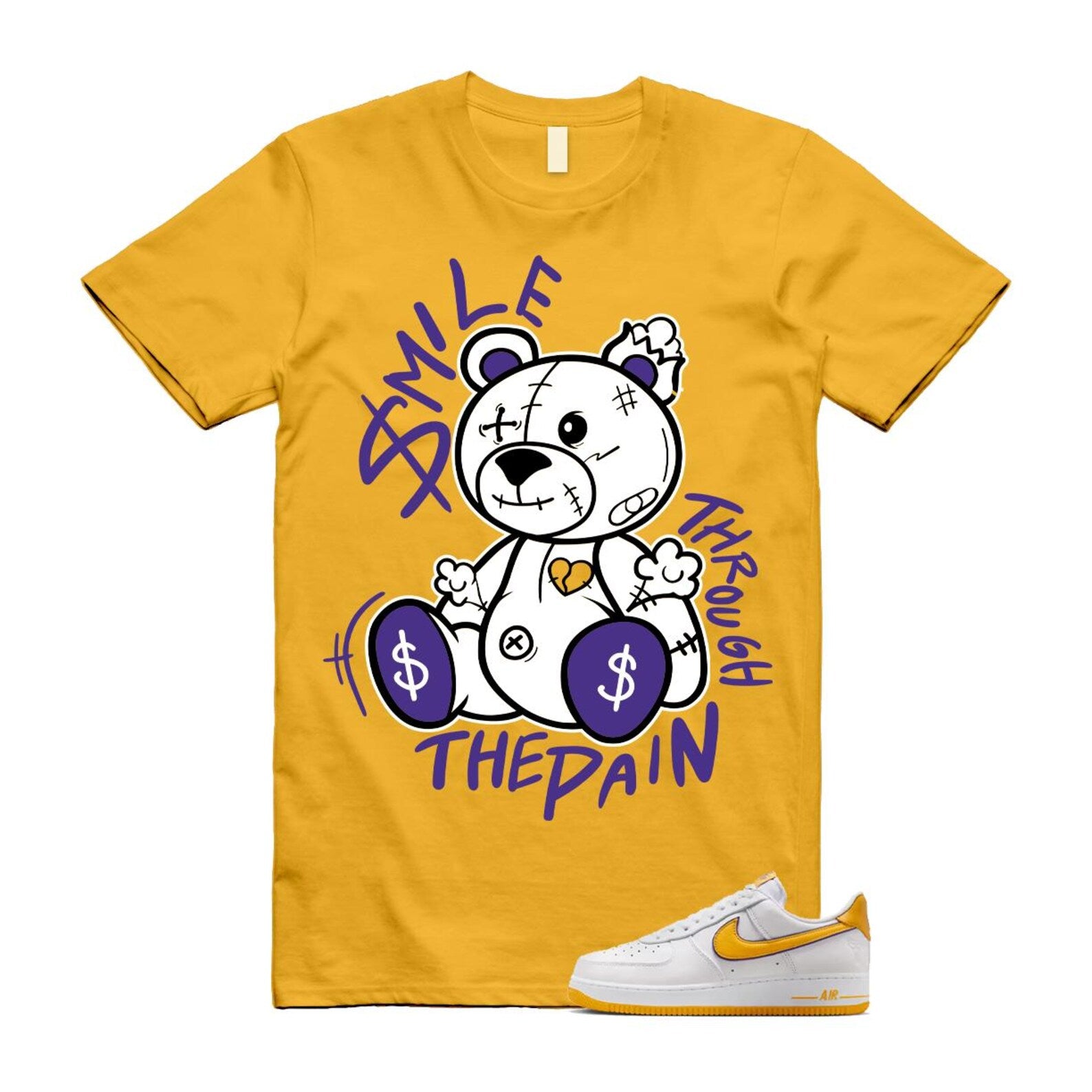 Air Force 1 Lakers Home White Varsity Maize Yellow Gold Purple T Shirt Match Smile Through The Pain FZ1151-100 T-Shirt, Sneaker Match Tee