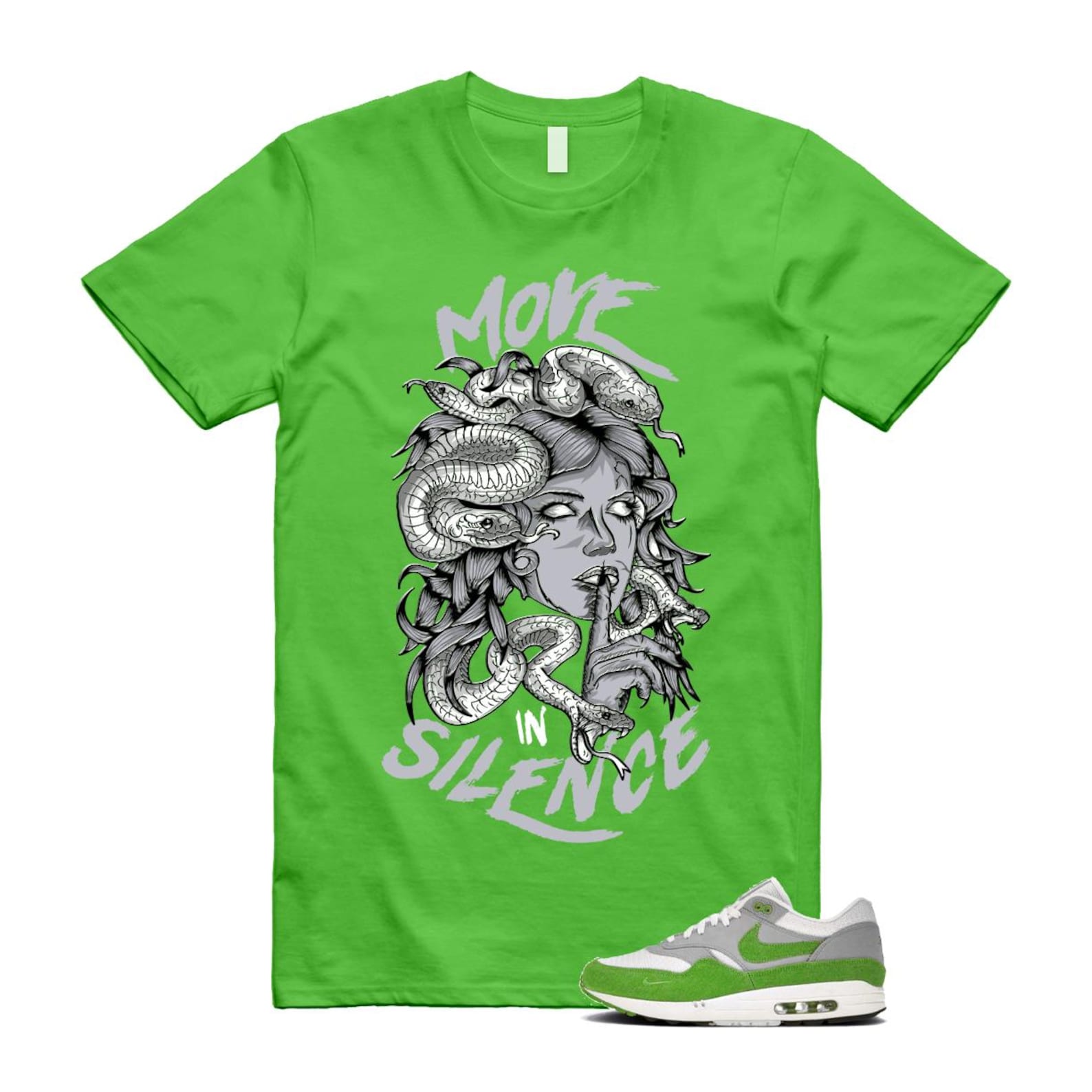 Air Max 1 Chlorophyll Green Patta 20th Anniversary Matte Silver Grey White T Shirt Match MIS HF1012-300 T-Shirt, Sneaker Match Tee