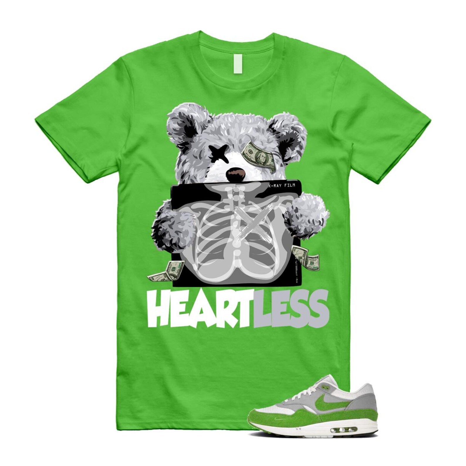 Air Max 1 Chlorophyll Green Patta 20th Anniversary Matte Silver Grey White T Shirt Match HEART HF1012-300 T-Shirt, Sneaker Match Tee
