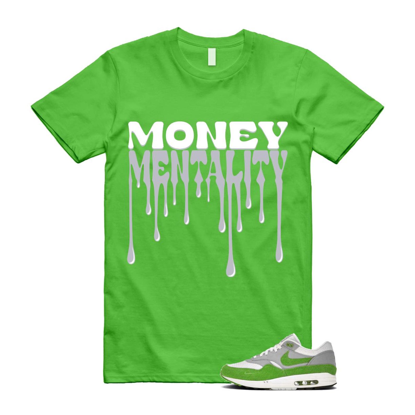 Air Max 1 Chlorophyll Green Patta 20th Anniversary Matte Silver Grey White T Shirt Match MENTALITY HF1012-300 T-Shirt, Sneaker Match Tee