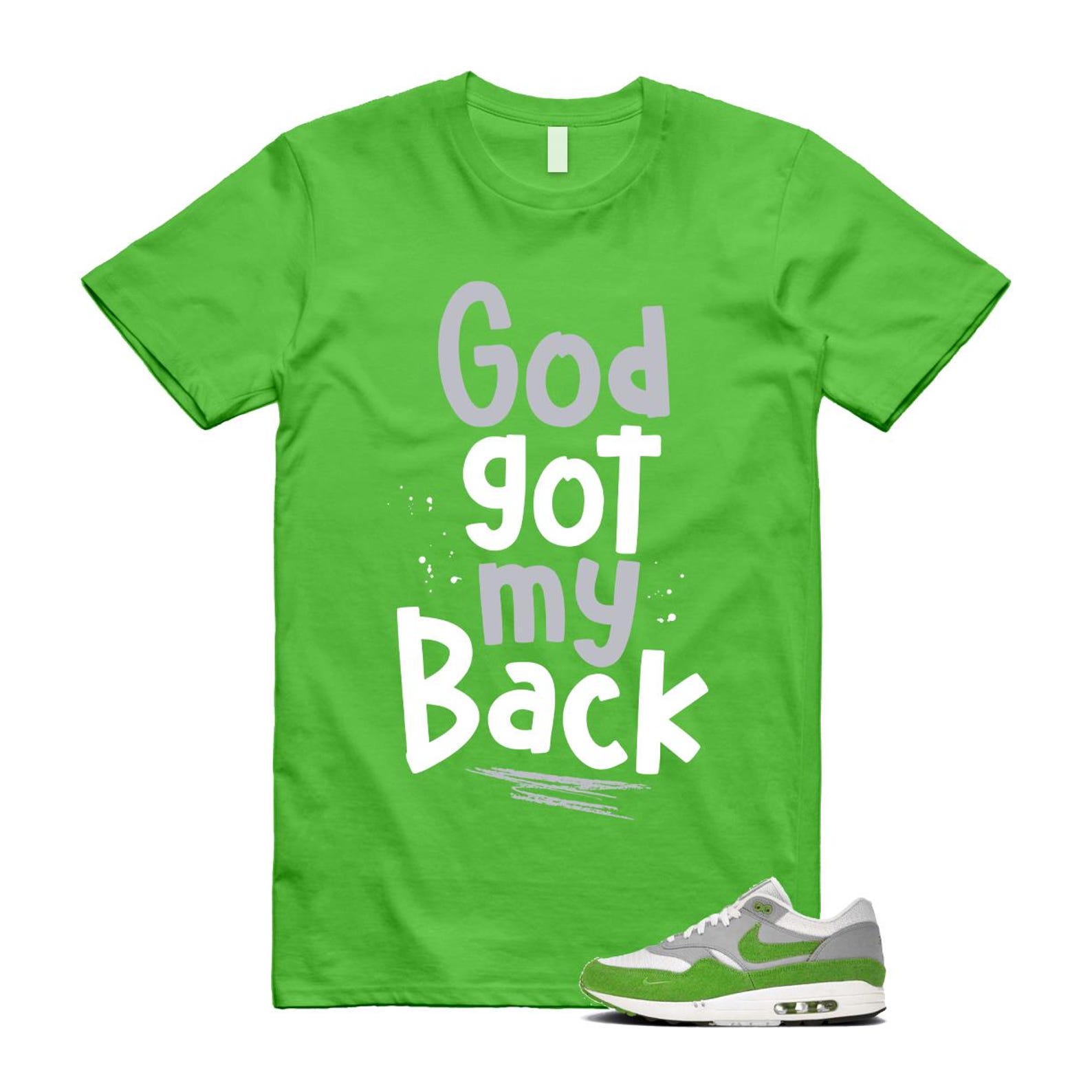 Air Max 1 Chlorophyll Green Patta 20th Anniversary Matte Silver Grey White T Shirt Match GOD HF1012-300 T-Shirt, Sneaker Match Tee