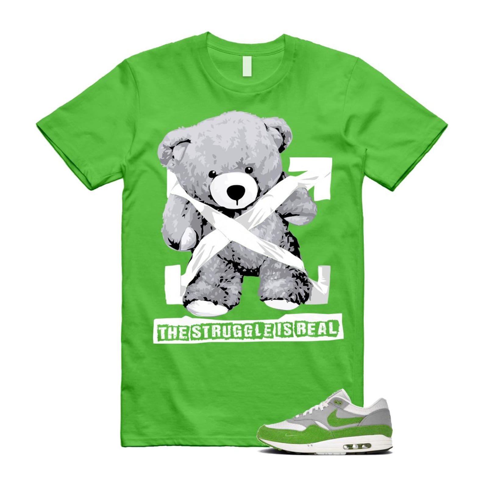 Air Max 1 Chlorophyll Green Patta 20th Anniversary Matte Silver Grey White T Shirt Match STRUG HF1012-300 T-Shirt, Sneaker Match Tee