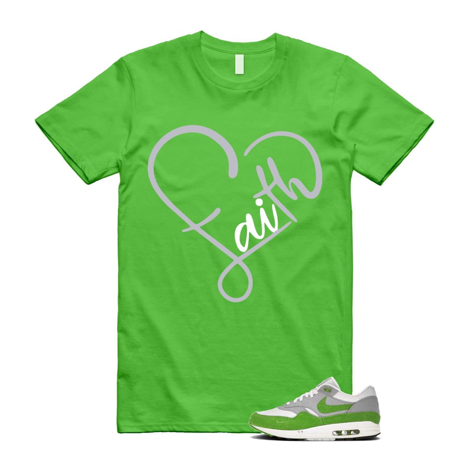 Air Max 1 Chlorophyll Green Patta 20th Anniversary Matte Silver Grey White T Shirt Match FAITH HF1012-300 T-Shirt, Sneaker Match Tee