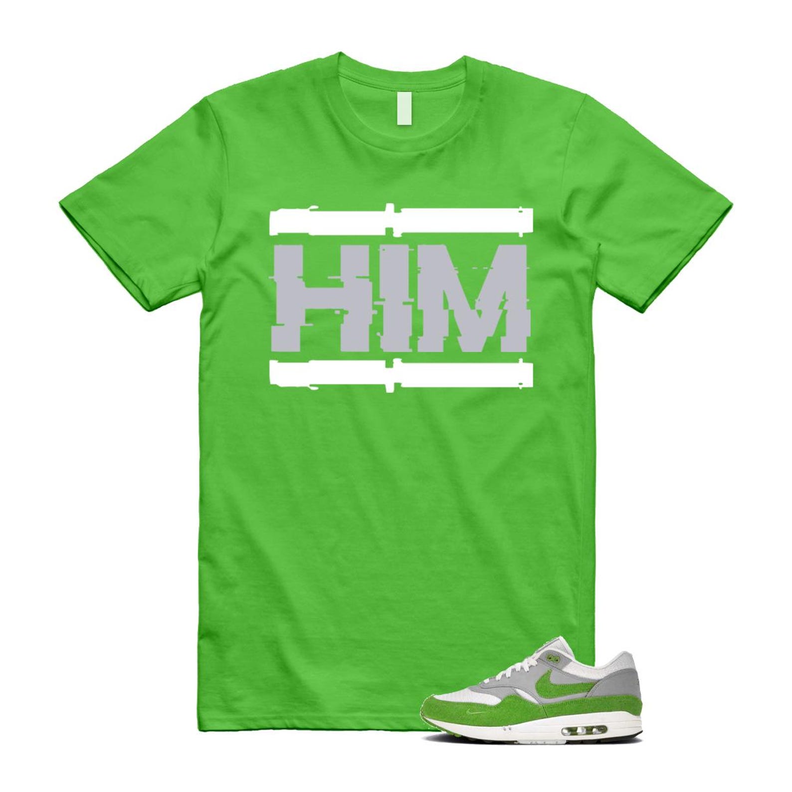 Air Max 1 Chlorophyll Green Patta 20th Anniversary Matte Silver Grey White T Shirt Match HIM HF1012-300 T-Shirt, Sneaker Match Tee