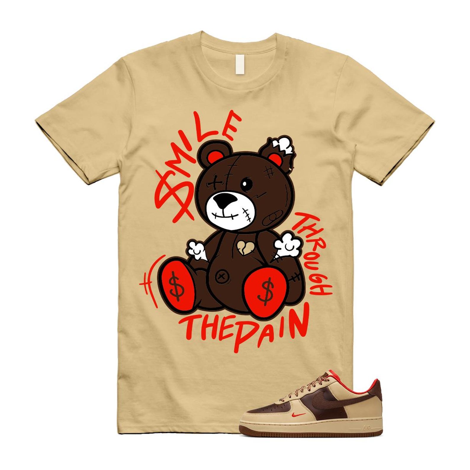 Air Force 1 Low '07 Light British Tan T Shirt Match Smile Through The Pain HQ3447-222 T-Shirt, Sneaker Match Tee