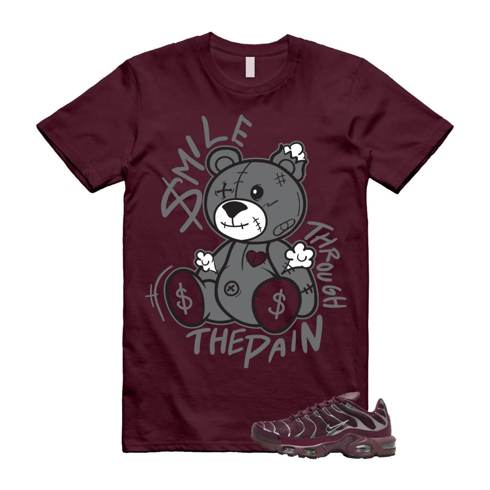 Air Max Night Maroon Metallic Silver Dark Team Red Plus SE T Shirt Match Smile Through The Pain HJ9743-600 T-Shirt, Sneaker Match Tee