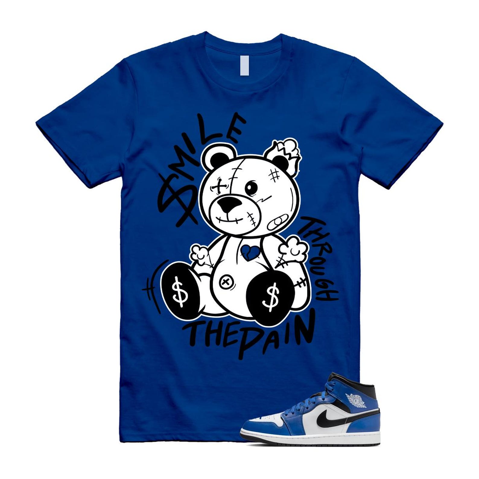 1 Game Royal Blue Black White Mid T Shirt Match Smile Through The Pain DQ8426-402 T-Shirt, Sneaker Match Tee