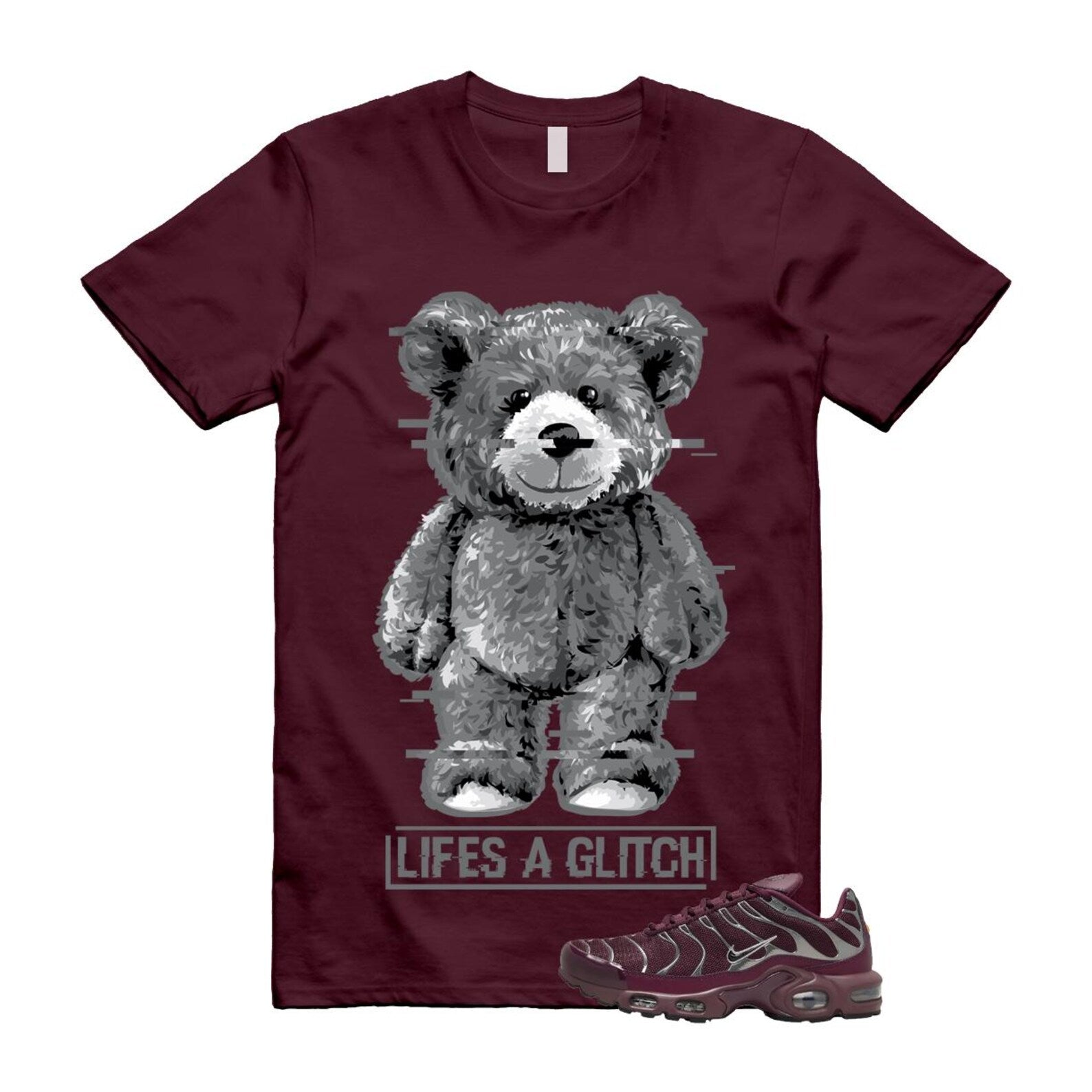 Air Max Night Maroon Metallic Silver Dark Team Red Plus SE T Shirt Match GLITCH HJ9743-600 T-Shirt, Sneaker Match Tee