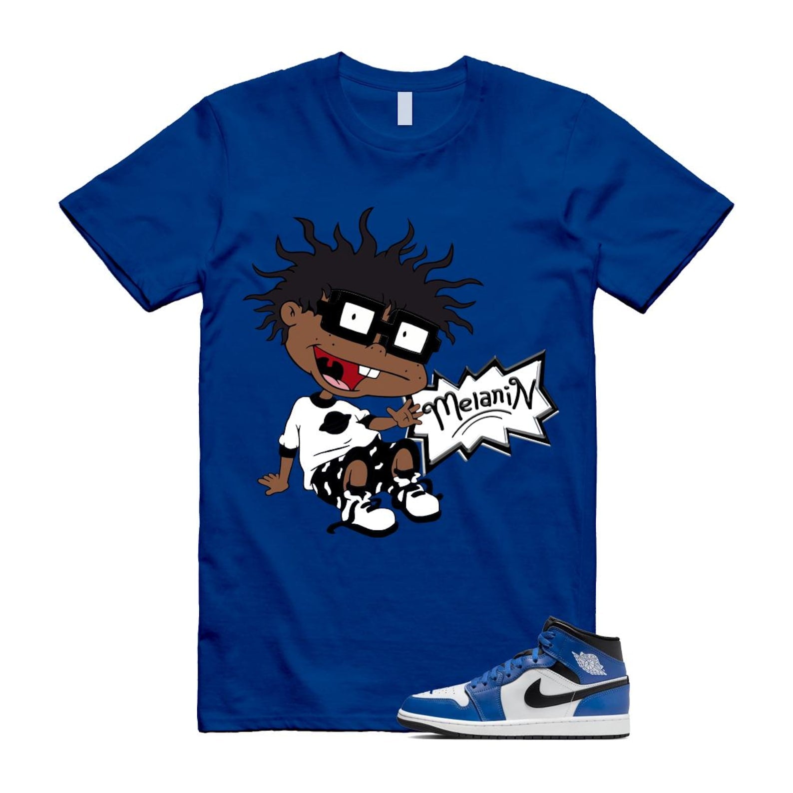 1 Game Royal Blue Black White Mid T Shirt Match MELANIN DQ8426-402 T-Shirt, Sneaker Match Tee