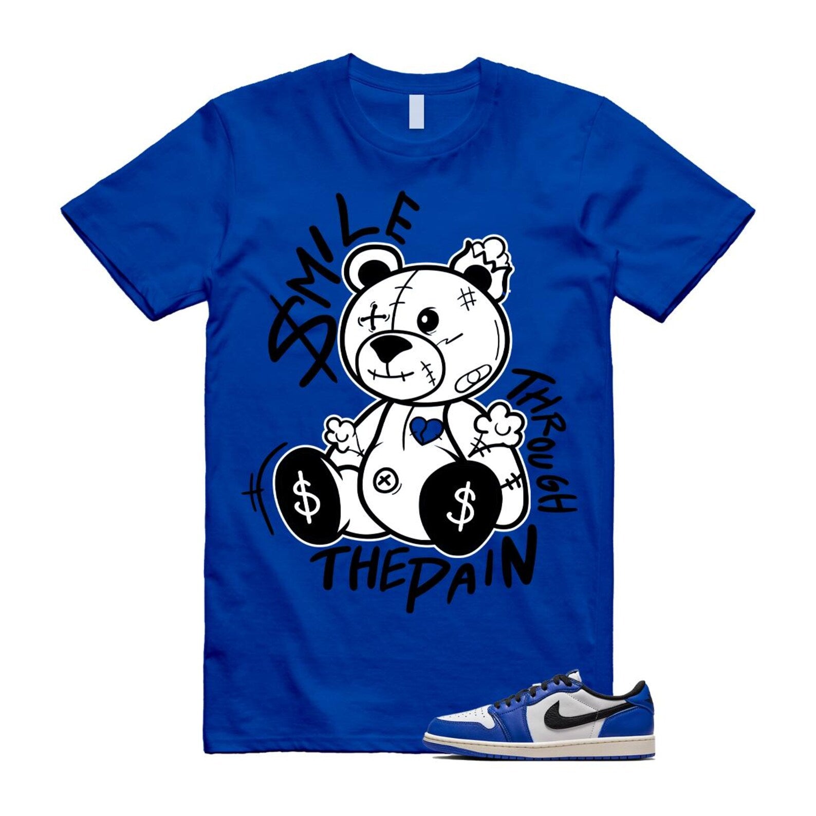 1 Game Royal Blue White Black Low OG T Shirt Match Smile Through The Pain CZ0790-140 T-Shirt, Sneaker Match Tee