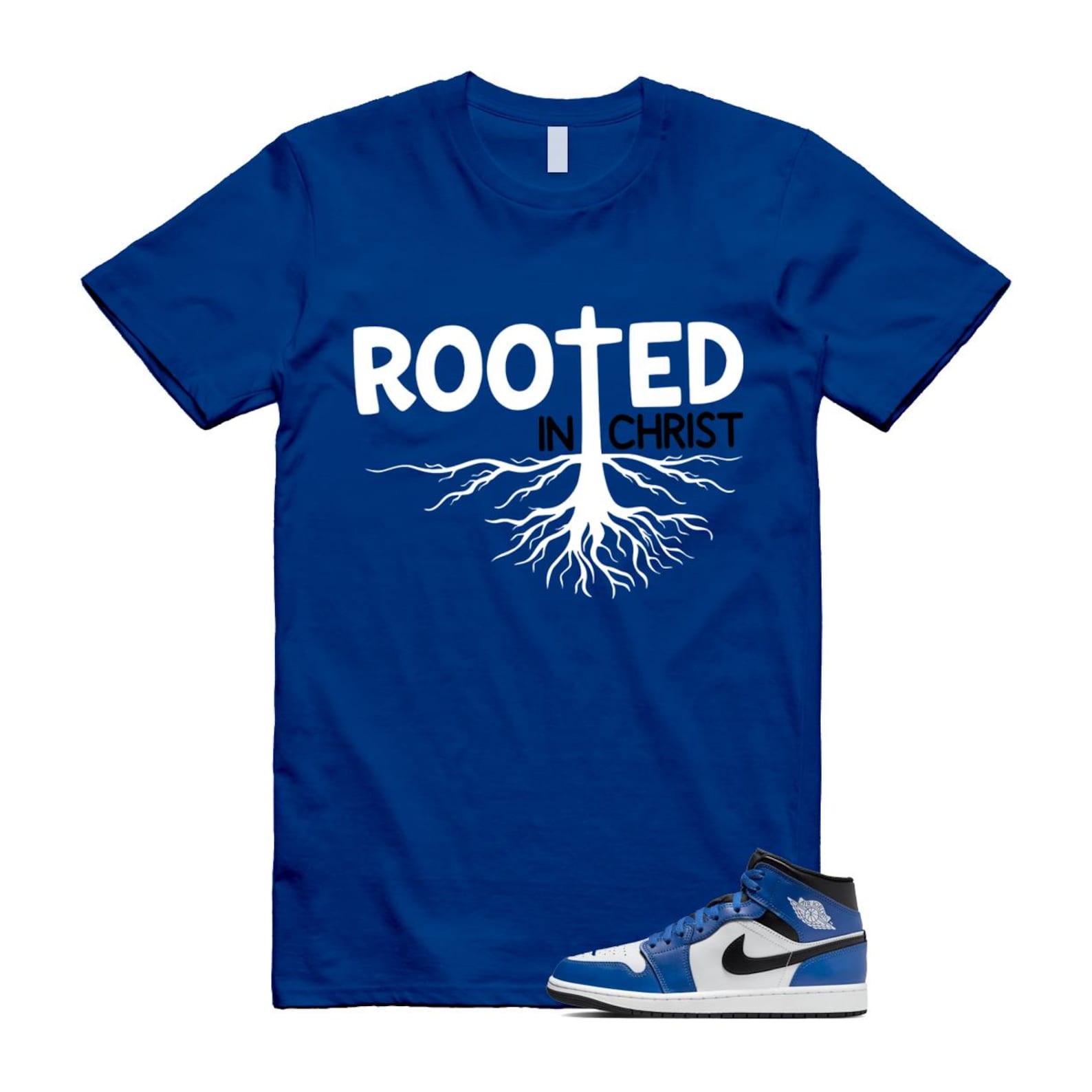 1 Game Royal Blue Black White Mid T Shirt Match ROOTED DQ8426-402 T-Shirt, Sneaker Match Tee