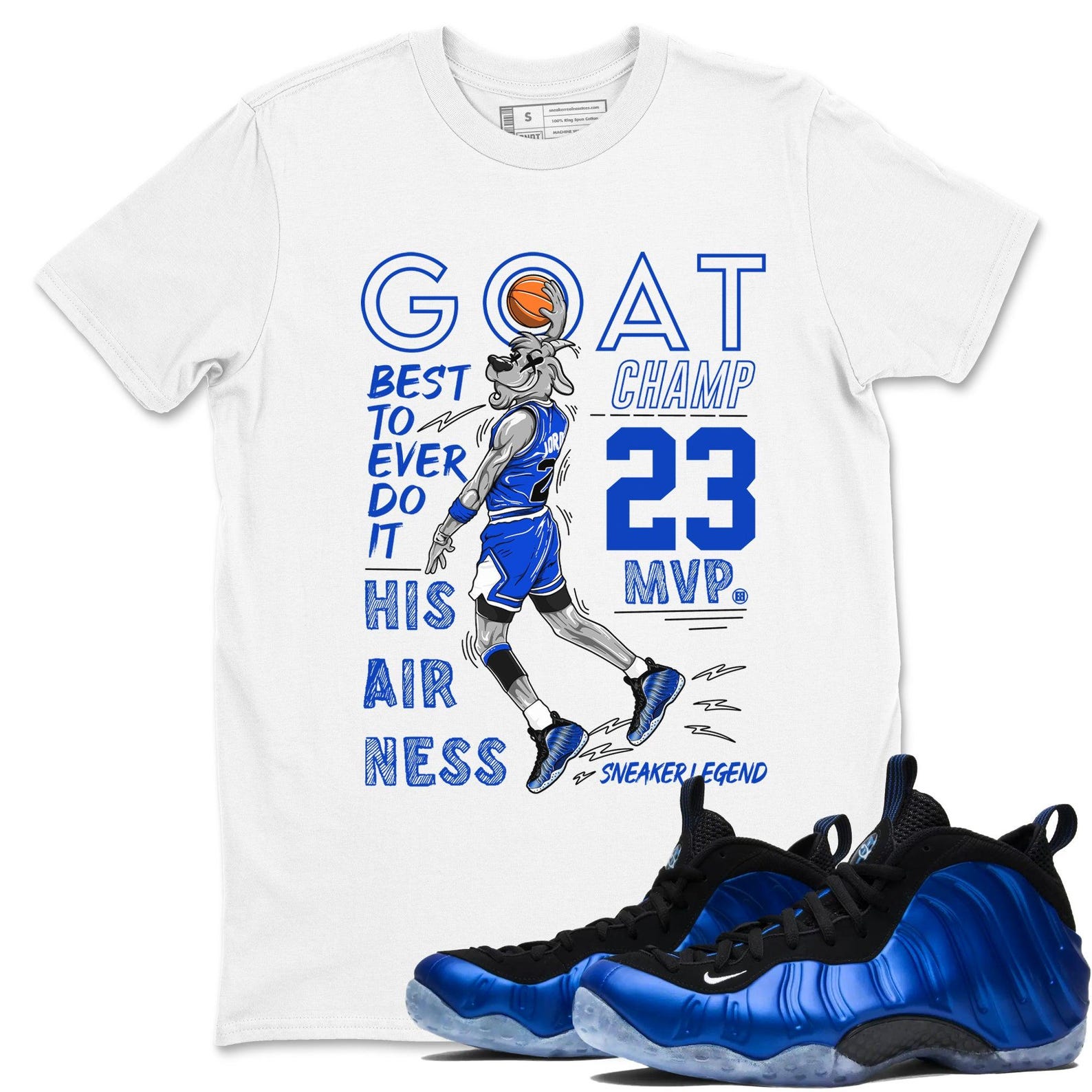 MVP Goat Sneaker T Shirts To Match Jordans Foamposite One Royal, FQ8181-511 T-Shirt, Sneaker Match Tee