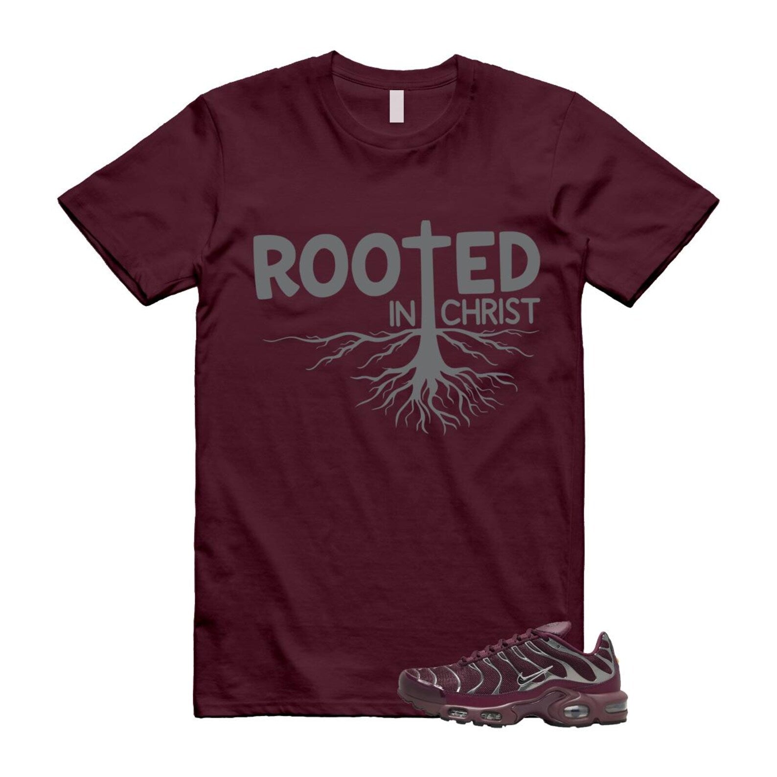 Air Max Night Maroon Metallic Silver Dark Team Red Plus SE T Shirt Match ROOTED HJ9743-600 T-Shirt, Sneaker Match Tee