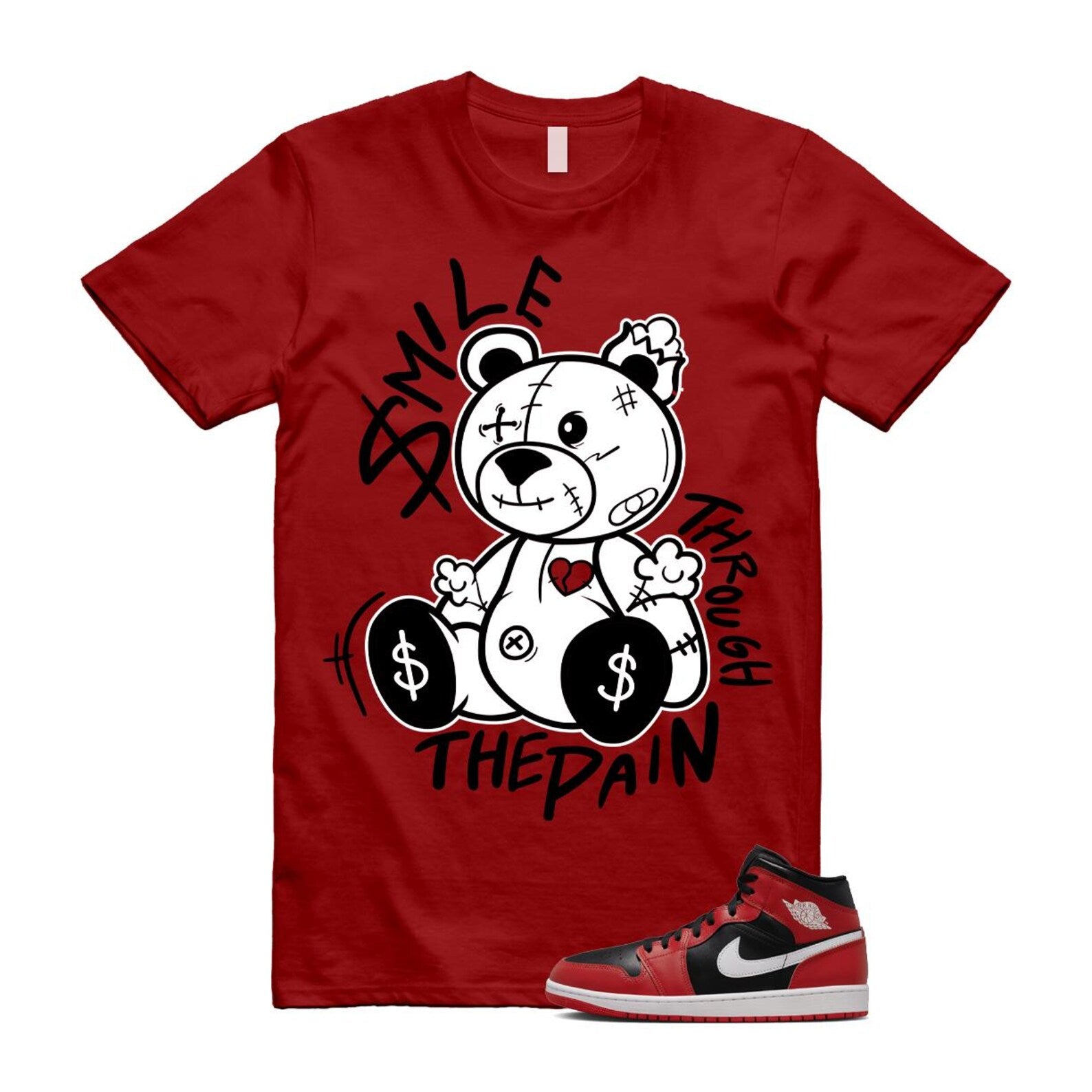 Jordan 1 Mid Gym Red Black White (2024) T Shirt Match Smile Through The Pain DQ8426-061 T-Shirt, Sneaker Match Tee