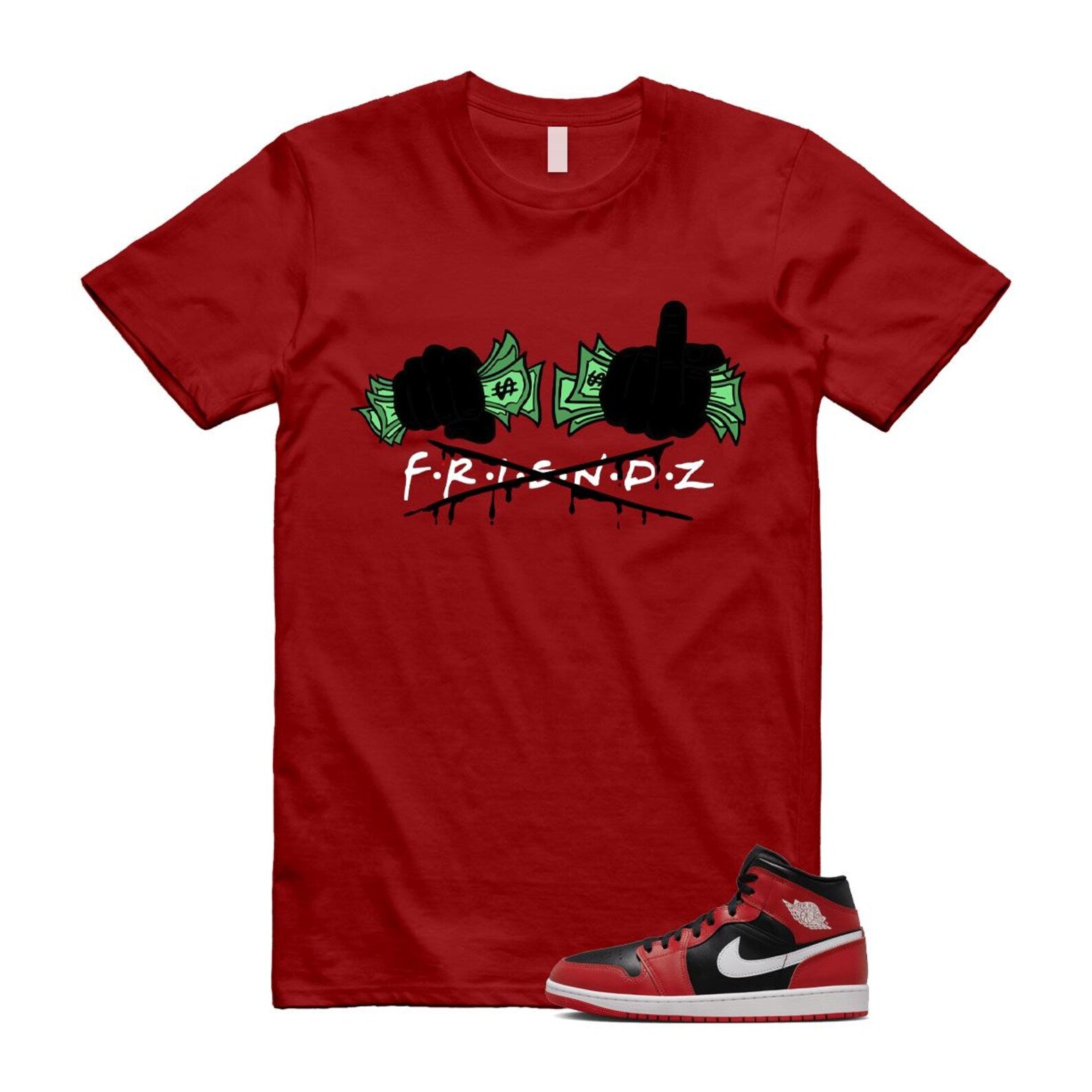 Jordan 1 Mid Gym Red Black White (2024) T Shirt Match FRIENDZ DQ8426-061 T-Shirt, Sneaker Match Tee