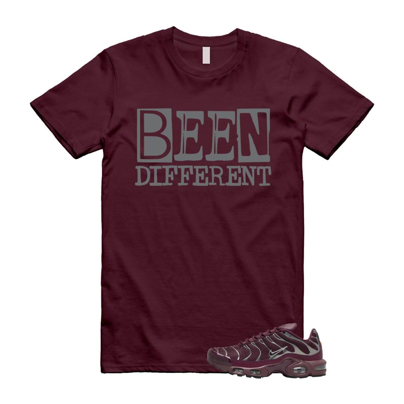 Air Max Night Maroon Metallic Silver Dark Team Red Plus SE T Shirt Match BEEN Different HJ9743-600 T-Shirt, Sneaker Match Tee