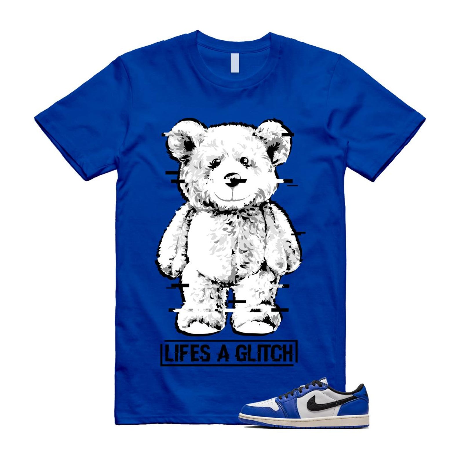 1 Game Royal Blue White Black Low OG T Shirt Match GLITCH CZ0790-140 T-Shirt, Sneaker Match Tee