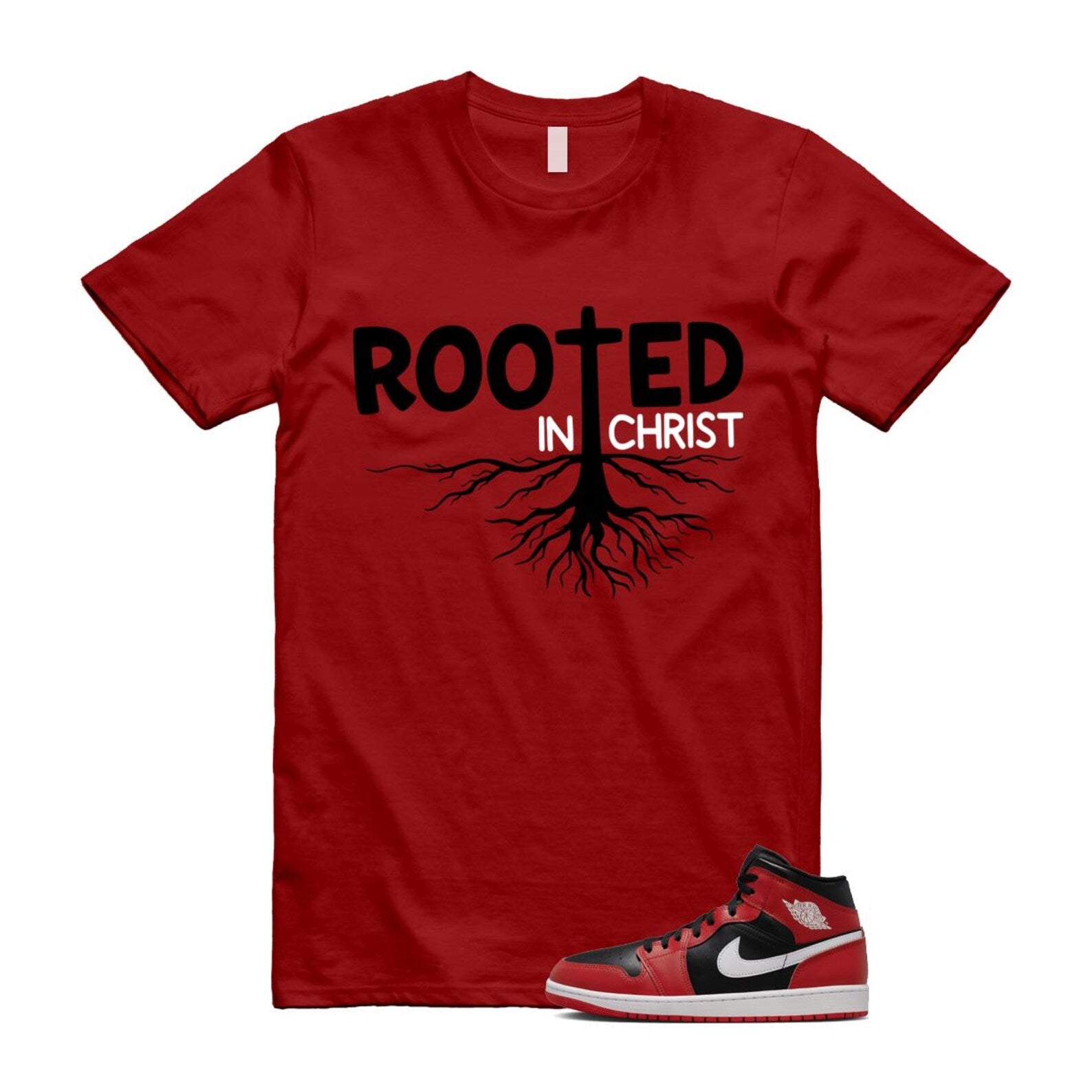 Jordan 1 Mid Gym Red Black White Shirt to Match Rooted In Christ DQ8426-061 Match Sneaker Tee