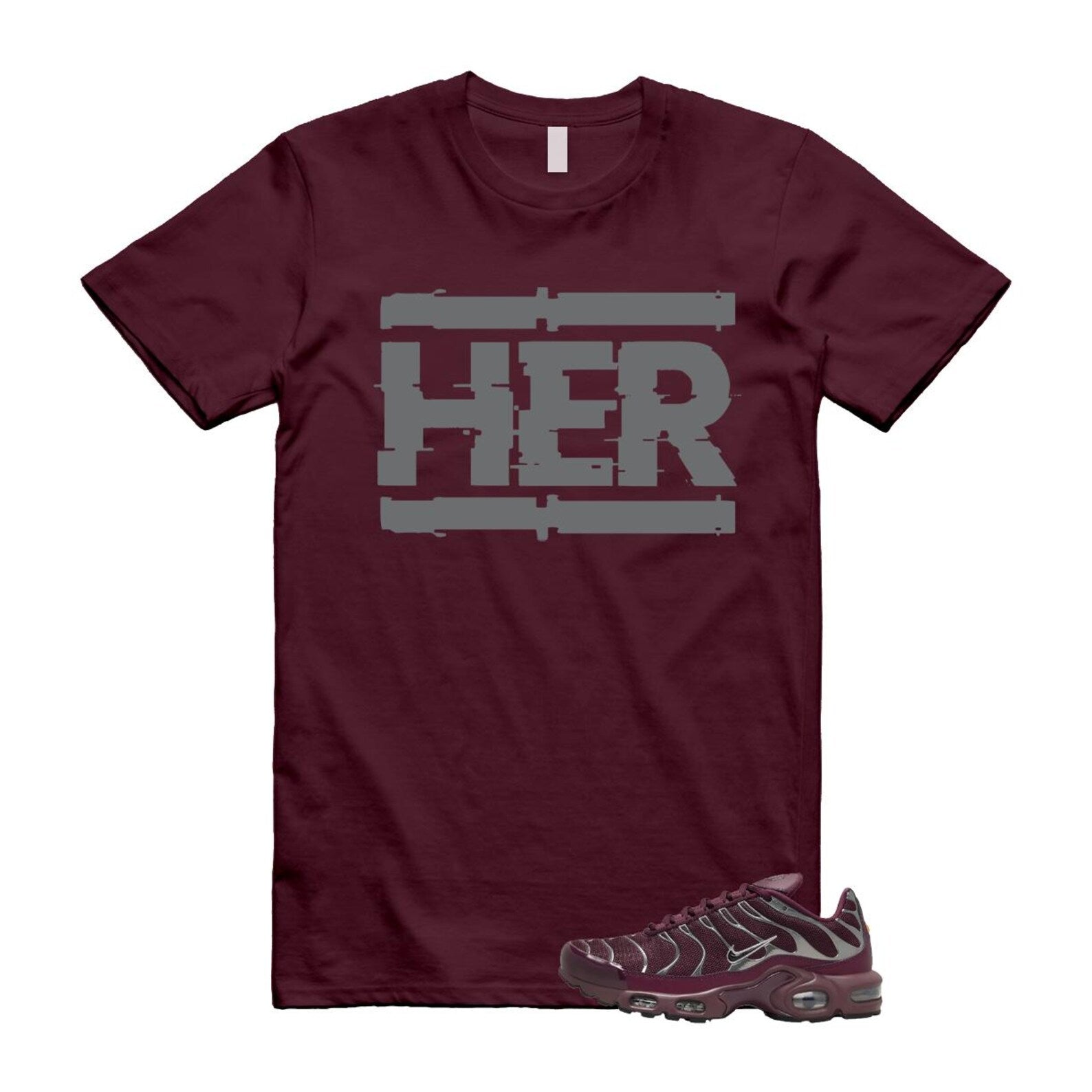 Air Max Night Maroon Metallic Silver Dark Team Red Plus SE T Shirt Match HER HJ9743-600 T-Shirt, Sneaker Match Tee