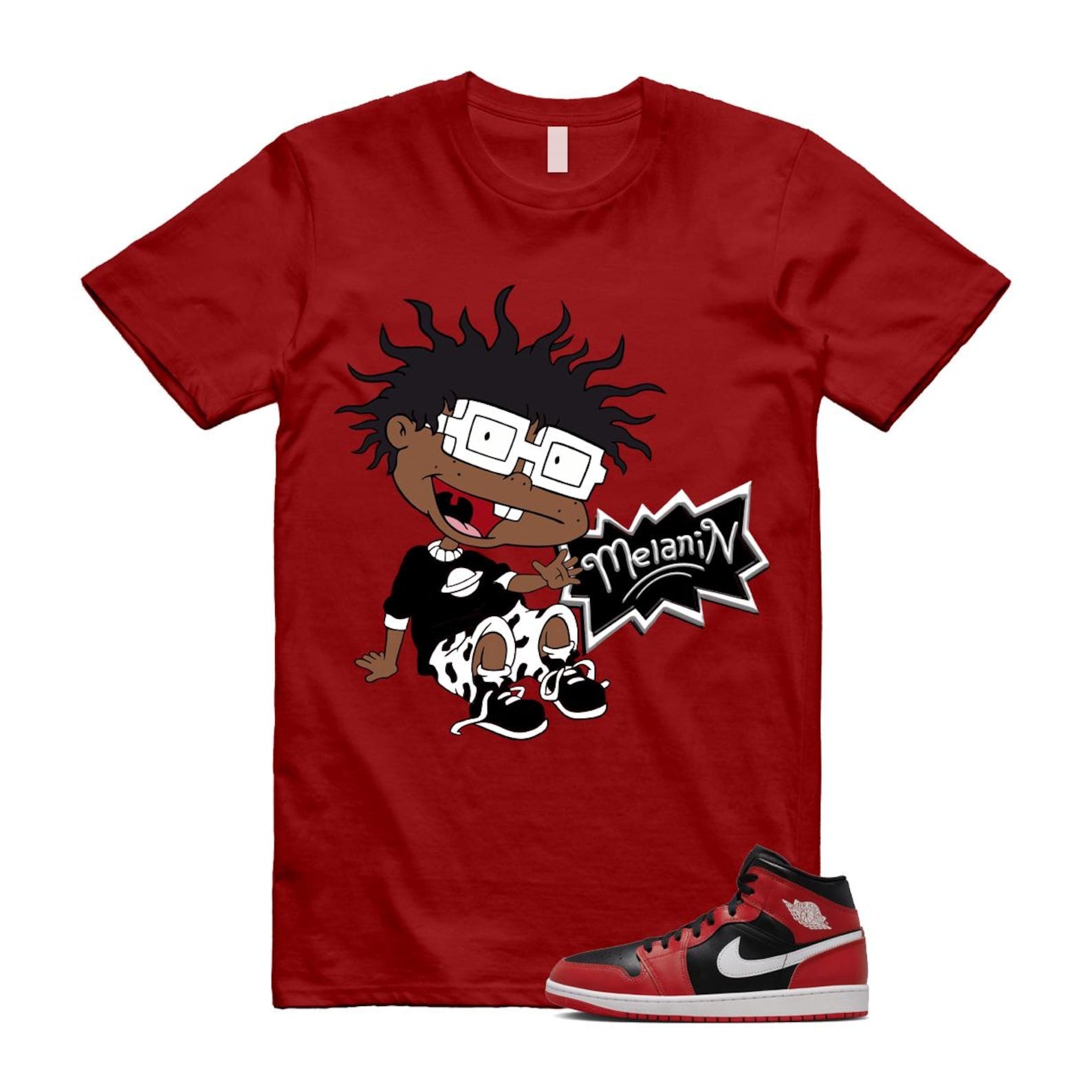 Jordan 1 Mid Gym Red Black White (2024) T Shirt Match MELANIN DQ8426-061 T-Shirt, Sneaker Match Tee