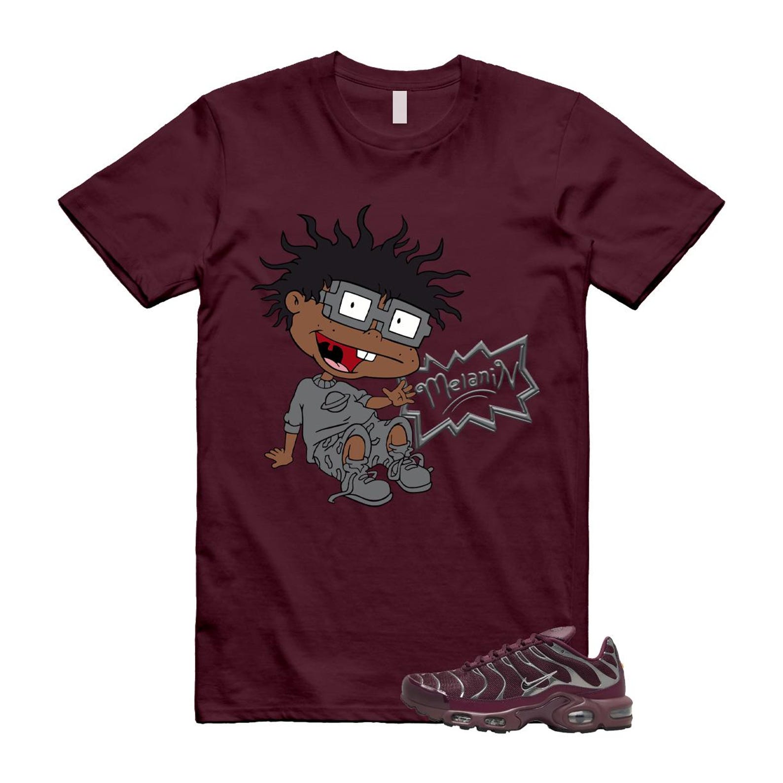 Air Max Night Maroon Metallic Silver Dark Team Red Plus SE T Shirt Match MELANIN HJ9743-600 T-Shirt, Sneaker Match Tee