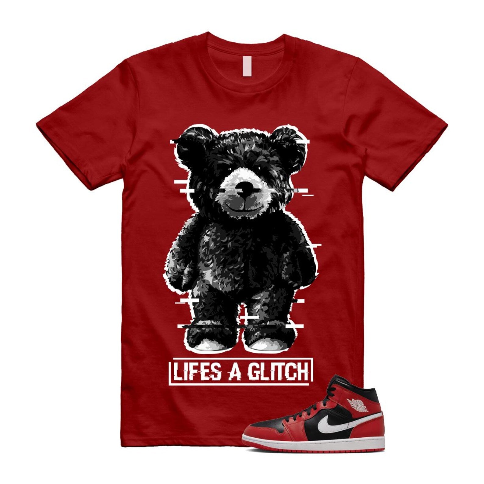 Jordan 1 Mid Gym Red Black White (2024) T Shirt Match GLITCH DQ8426-061 T-Shirt, Sneaker Match Tee