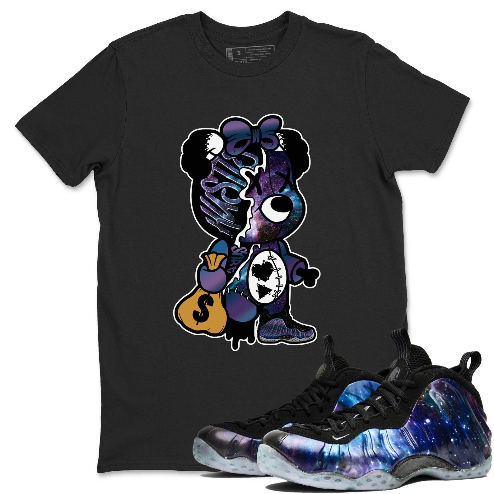 Stitched Hustle Bear Sneaker T Shirts To Match Jordans Foamposite One Galaxy, FQ4303-400 T-Shirt, Sneaker Match Tee
