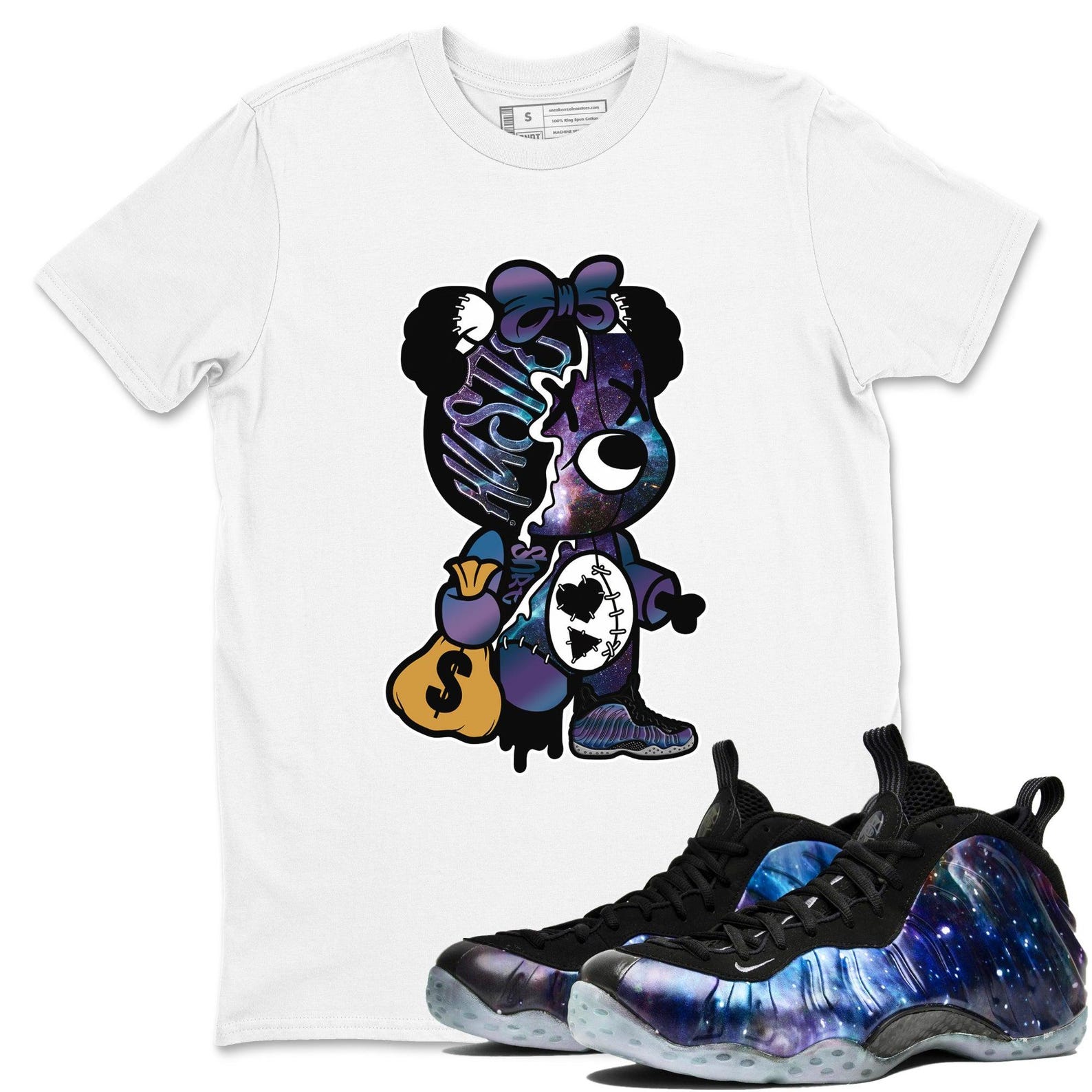 Stitched Hustle Bear Sneaker T Shirts To Match Jordans Foamposite One Galaxy, FQ4303-400 T-Shirt, Sneaker Match Tee