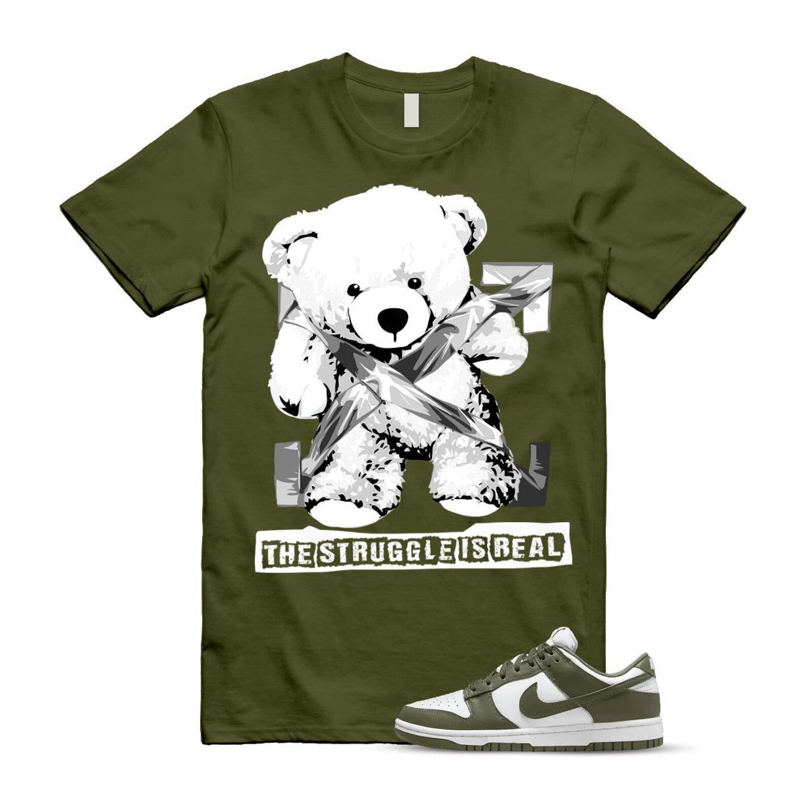 Dunk Olive Medium Low White T Shirt Match STRUG DD1503-120 T-Shirt, Sneaker Match Tee