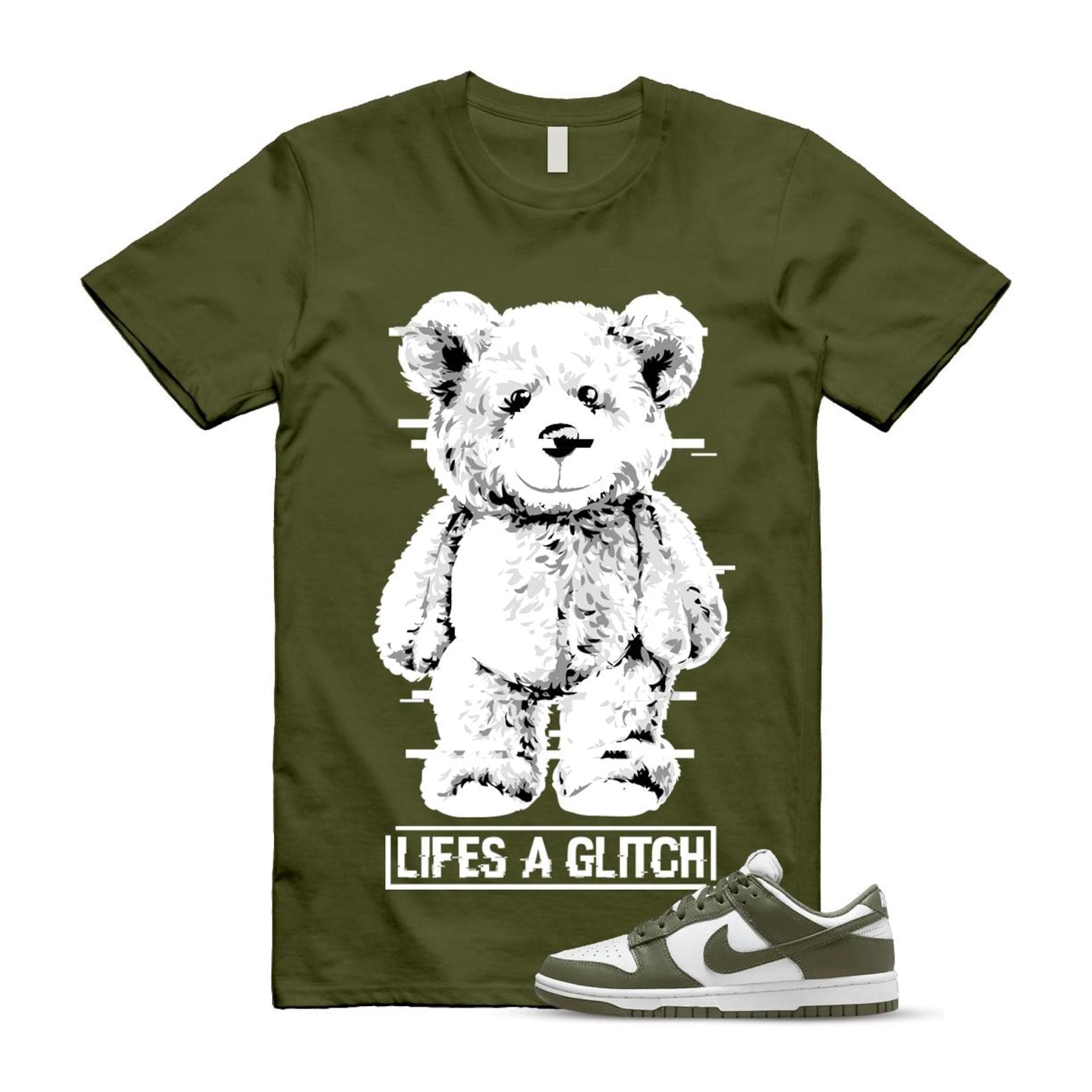 Dunk Olive Medium Low White T Shirt Match GLITCH DD1503-120 T-Shirt, Sneaker Match Tee