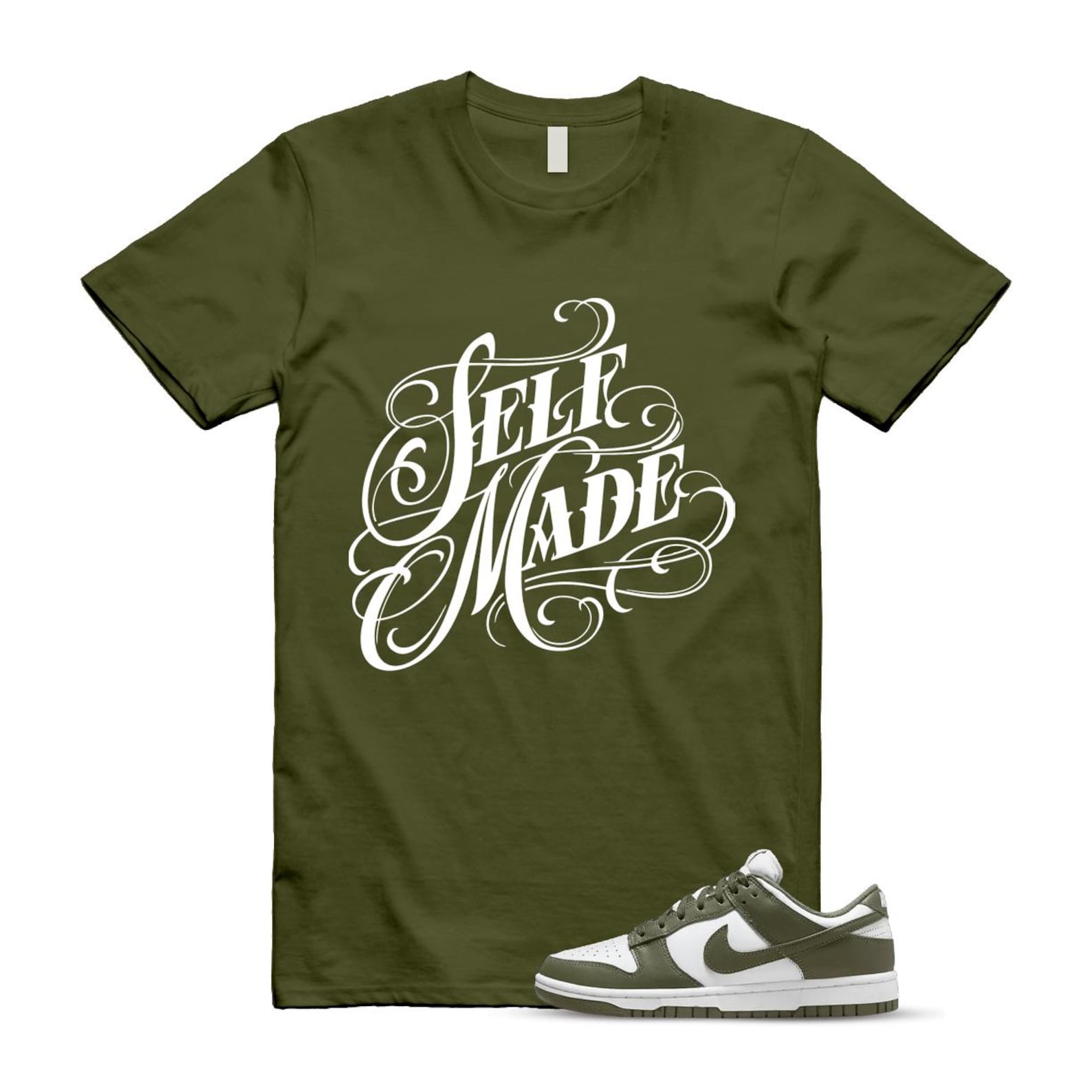 Dunk Olive Medium Low White T Shirt Match SELF DD1503-120 T-Shirt, Sneaker Match Tee