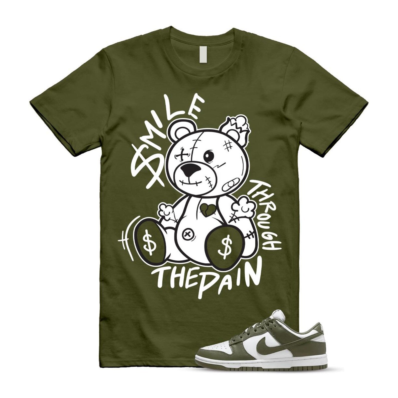 Dunk Olive Medium Low White T Shirt Match Smile Through The Pain DD1503-120 T-Shirt, Sneaker Match Tee