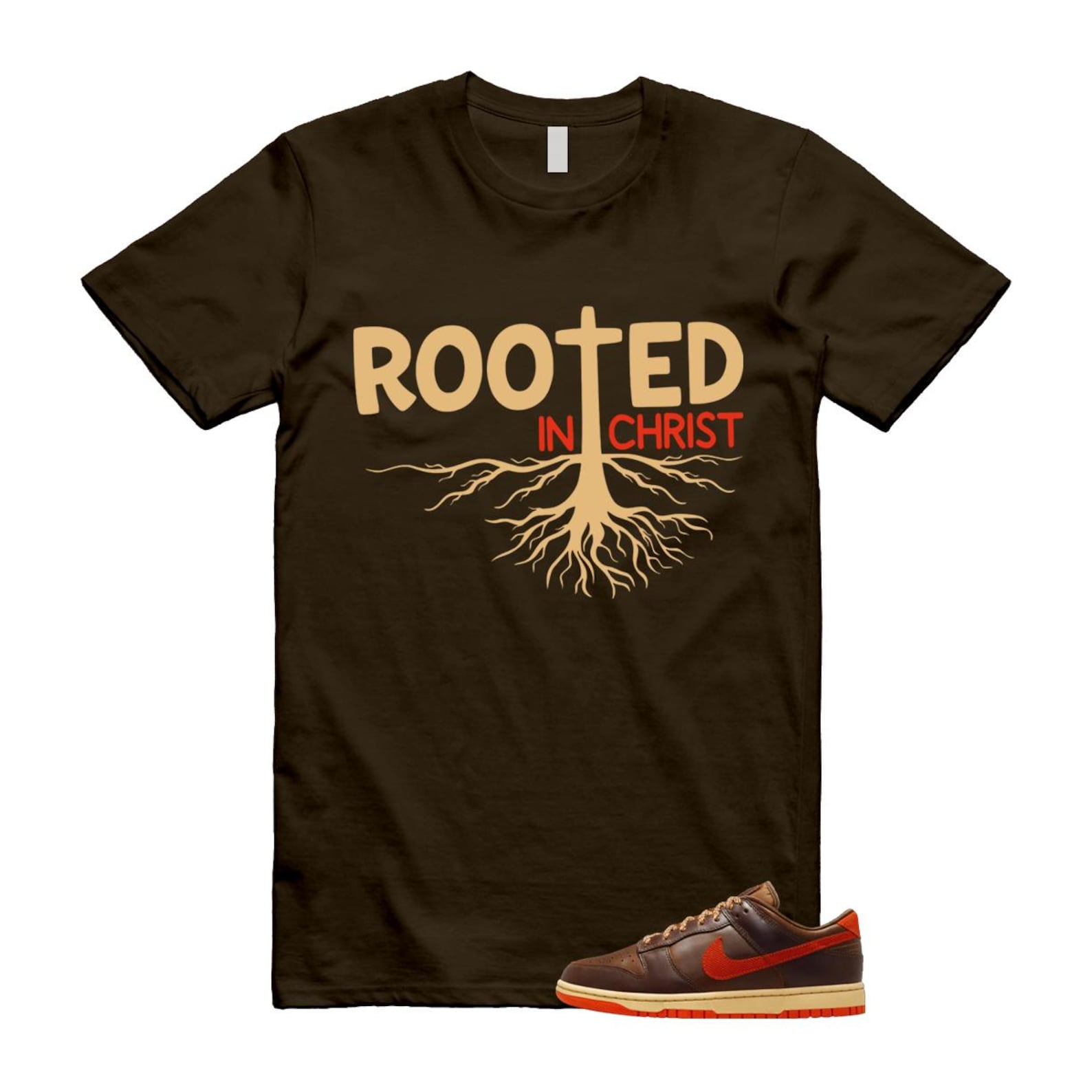 Dunk British Brown Light Tan Sesame Picante Red T Shirt Match ROOTED HQ3448-262 T-Shirt, Sneaker Match Tee