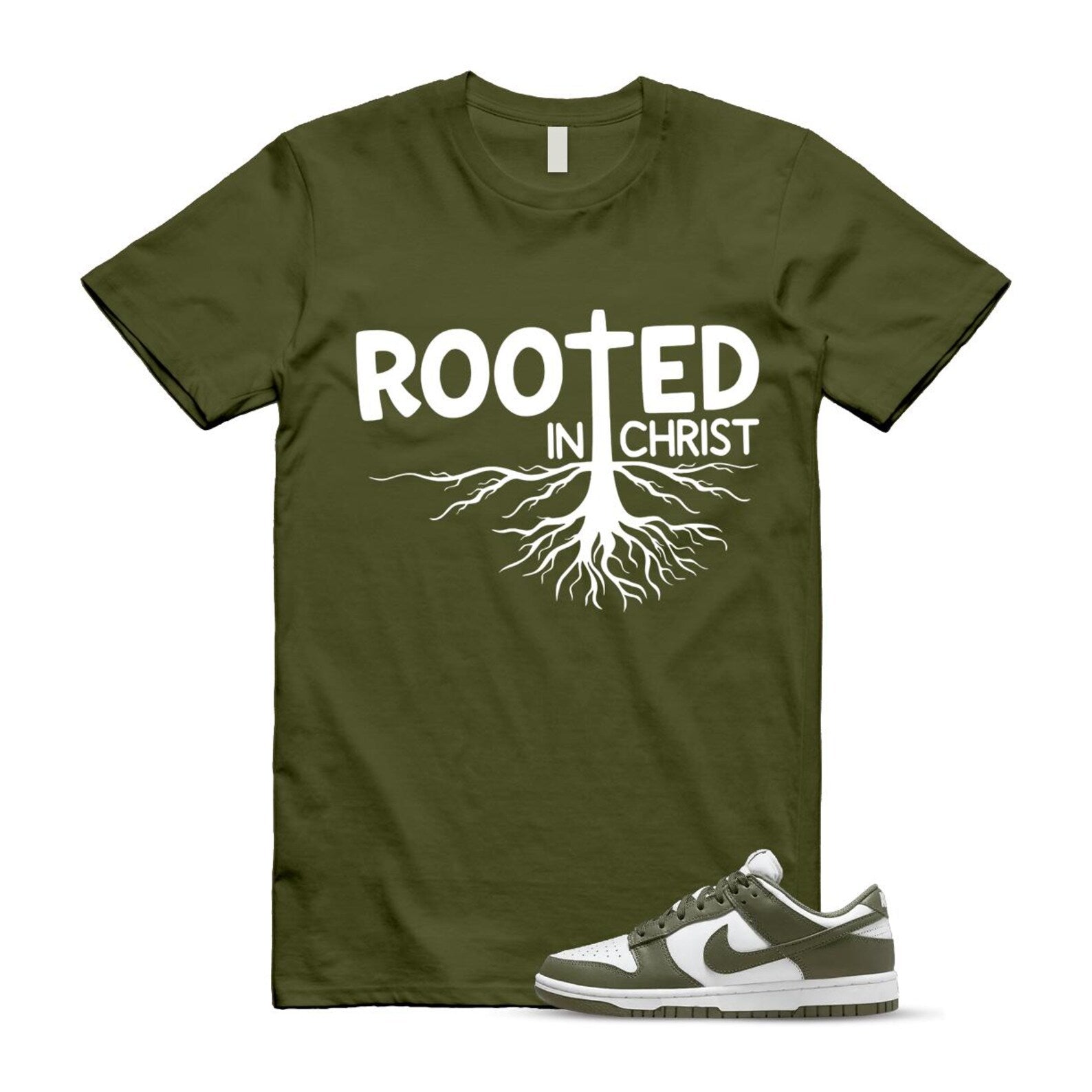 Dunk Olive Medium Low White T Shirt Match ROOTED DD1503-120 T-Shirt, Sneaker Match Tee