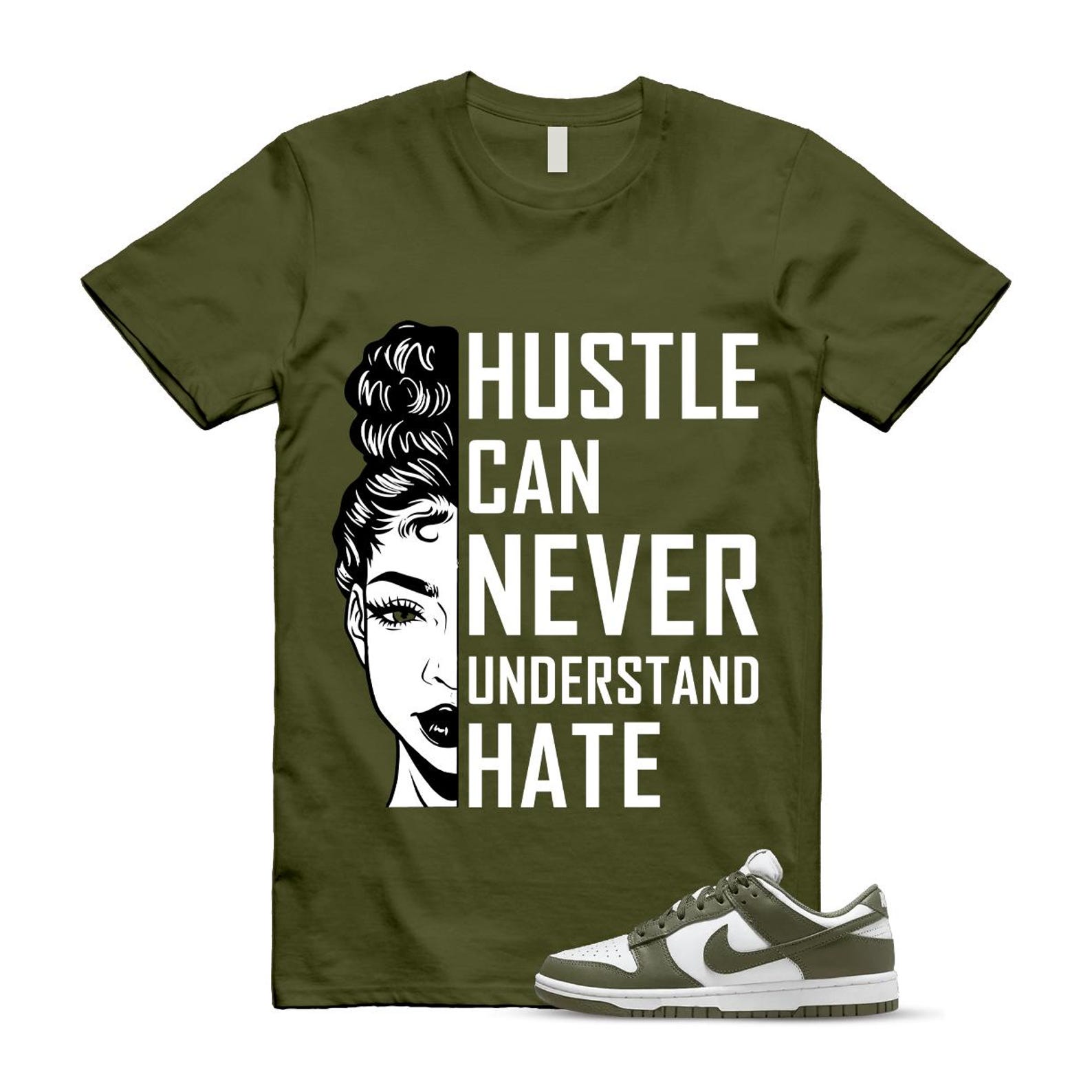 Dunk Olive Medium Low White T Shirt Match HUSTLE DD1503-120 T-Shirt, Sneaker Match Tee