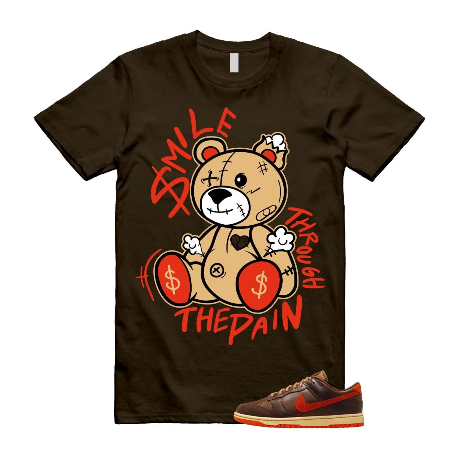 Dunk British Brown Light Tan Sesame Picante Red T Shirt Match Smile Through The Pain HQ3448-262 T-Shirt, Sneaker Match Tee
