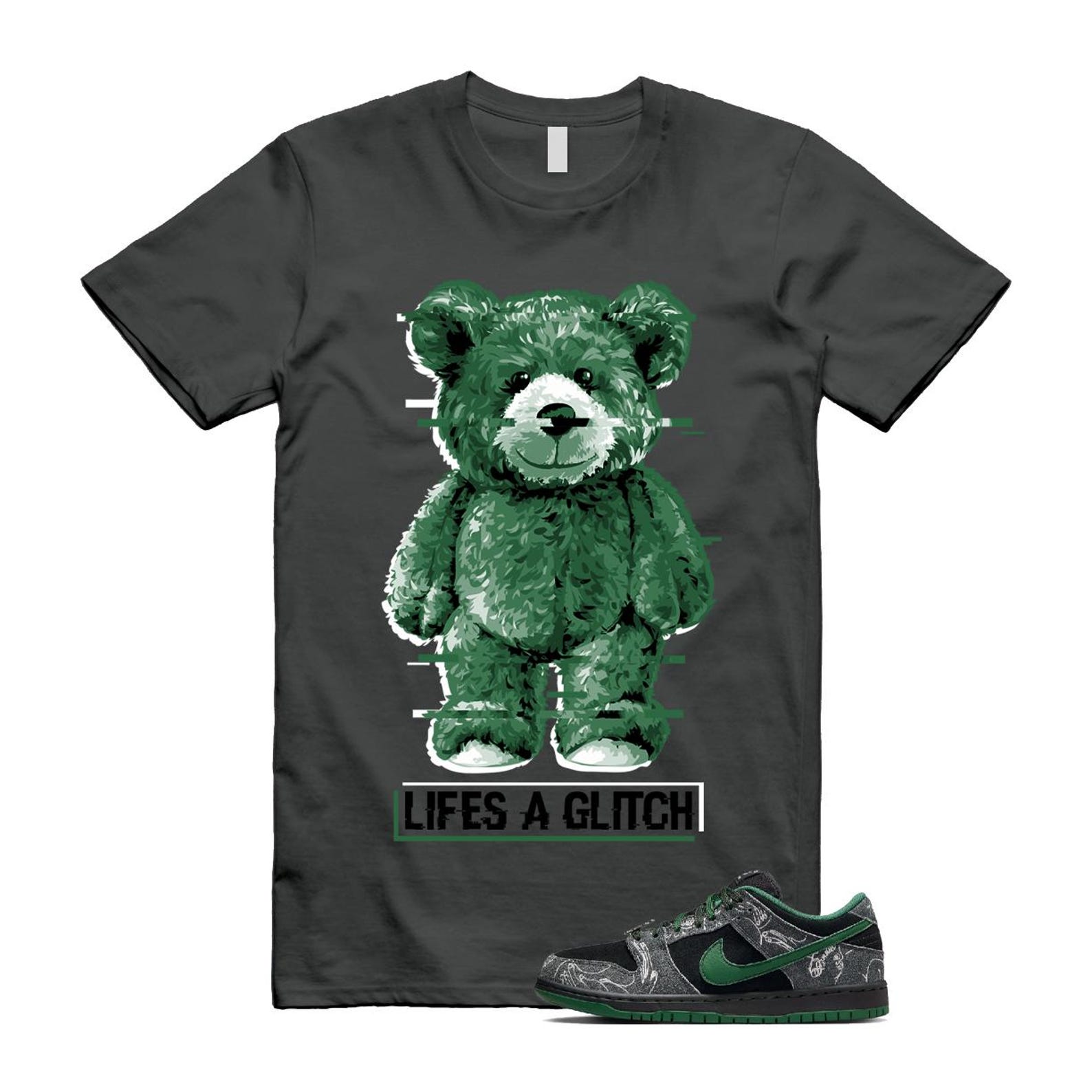 Dunk There Skateboards Grey Black Gorge Green Summit White SB Low T Shirt Match Lifes a GLITCH HF7743-001 T-Shirt, Sneaker Match Tee
