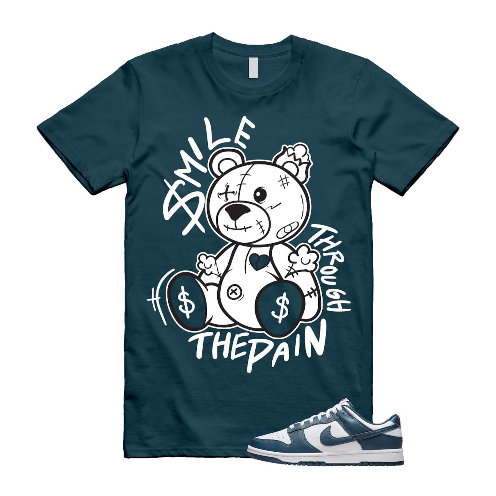 Dunk Valerian Blue White Low T Shirt Match Smile Through The Pain BEAR DD1391-400 T-Shirt, Sneaker Match Tee