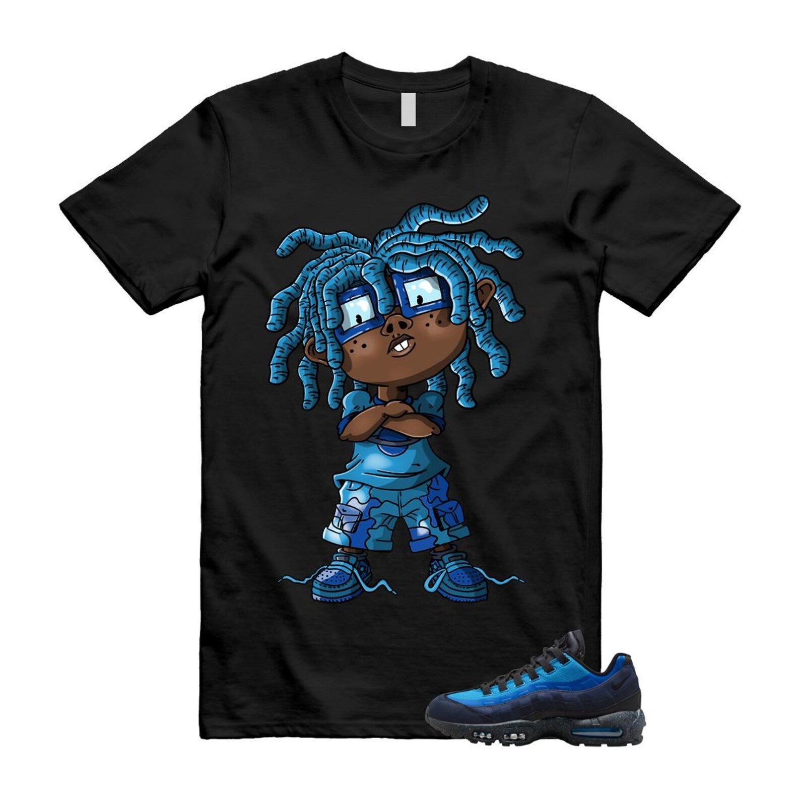 Air Max 95 Stash Obsidian Black Harbor Blue T Shirt Match CHONGO HF5515-400 T-Shirt, Sneaker Match Tee