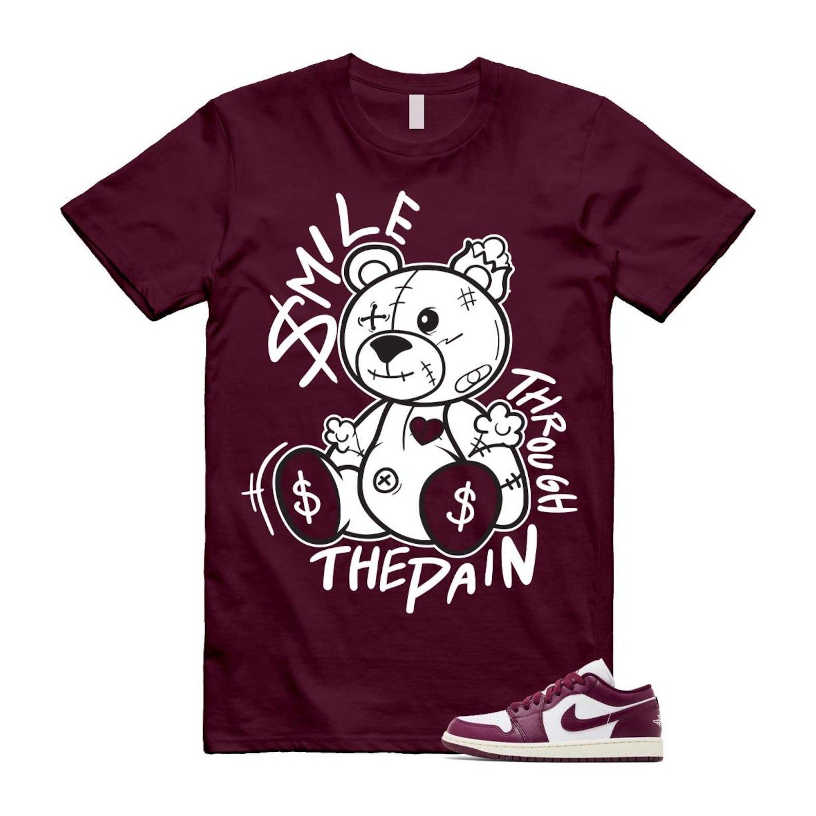 1 Bordeaux White Sail Maroon T Shirt Match Smile Through The Pain DC0774-161 T-Shirt, Sneaker Match Tee