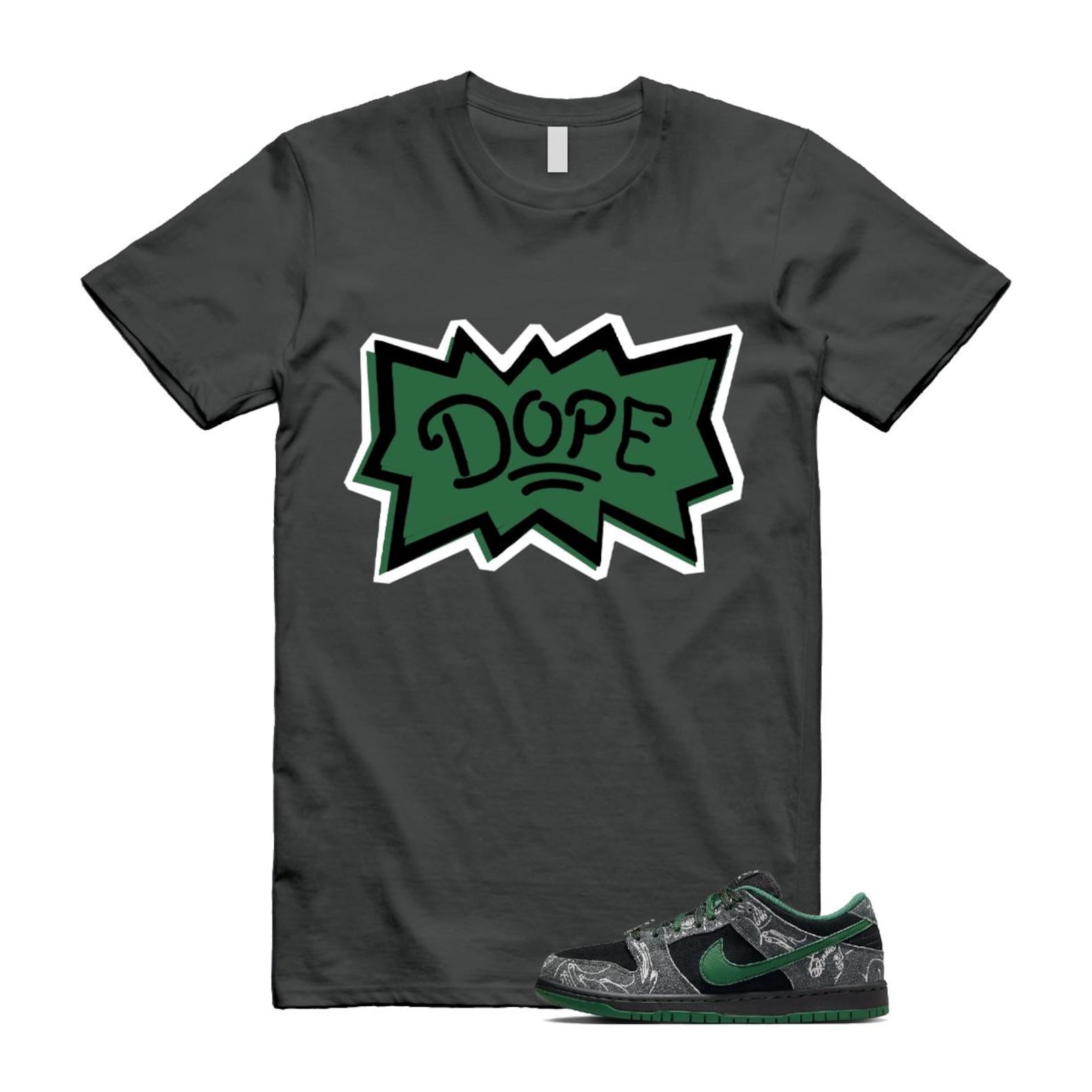 Dunk There Skateboards Grey Black Gorge Green Summit White SB Low T Shirt Match DOPE HF7743-001 T-Shirt, Sneaker Match Tee