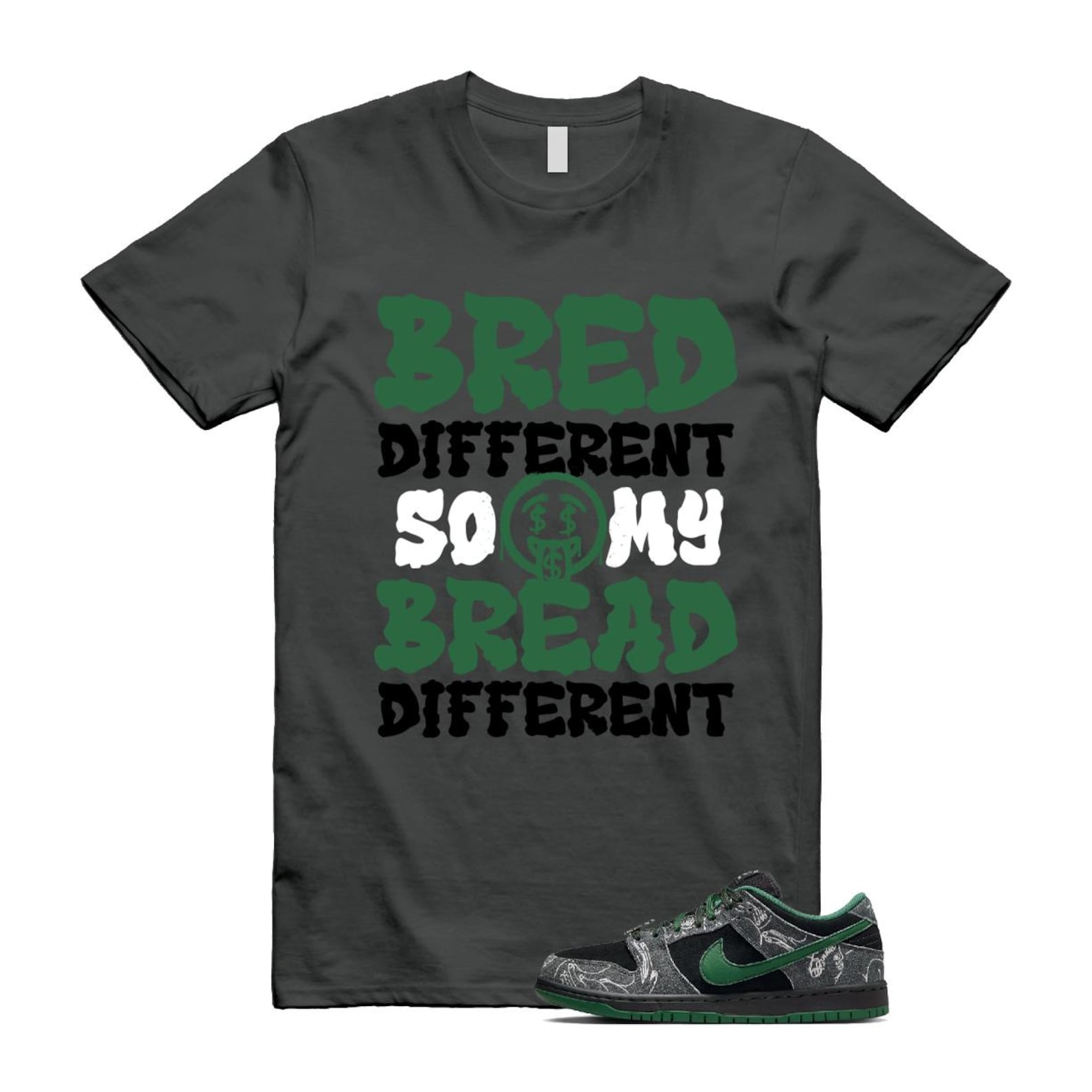 Dunk There Skateboards Grey Black Gorge Green Summit White SB Low T Shirt Match Bred Different So My Bread Different HF7743-001 T-Shirt, Sneaker Match Tee