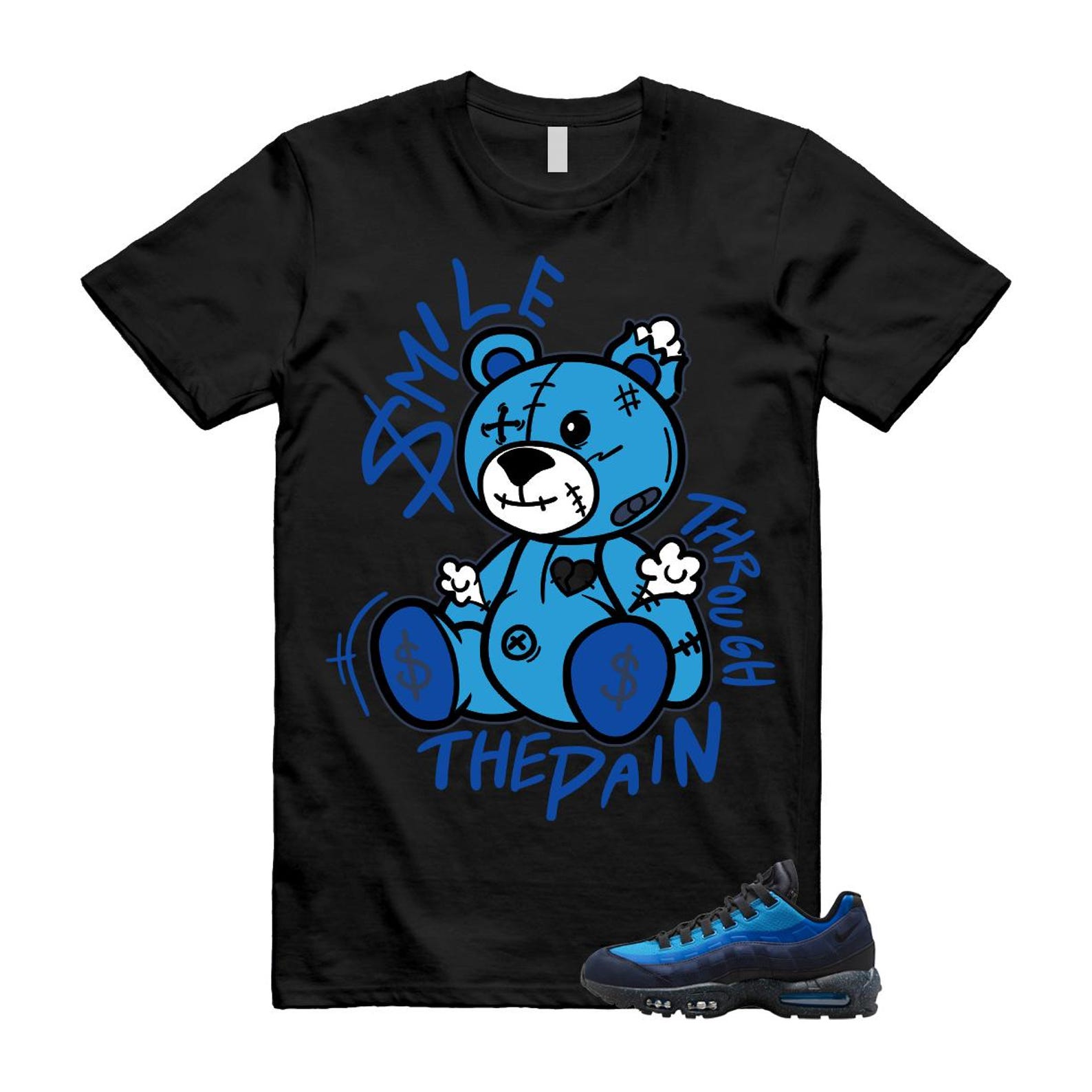 Air Max 95 Stash Obsidian Black Harbor Blue T Shirt Match Smile Through The Pain HF5515-400 T-Shirt, Sneaker Match Tee