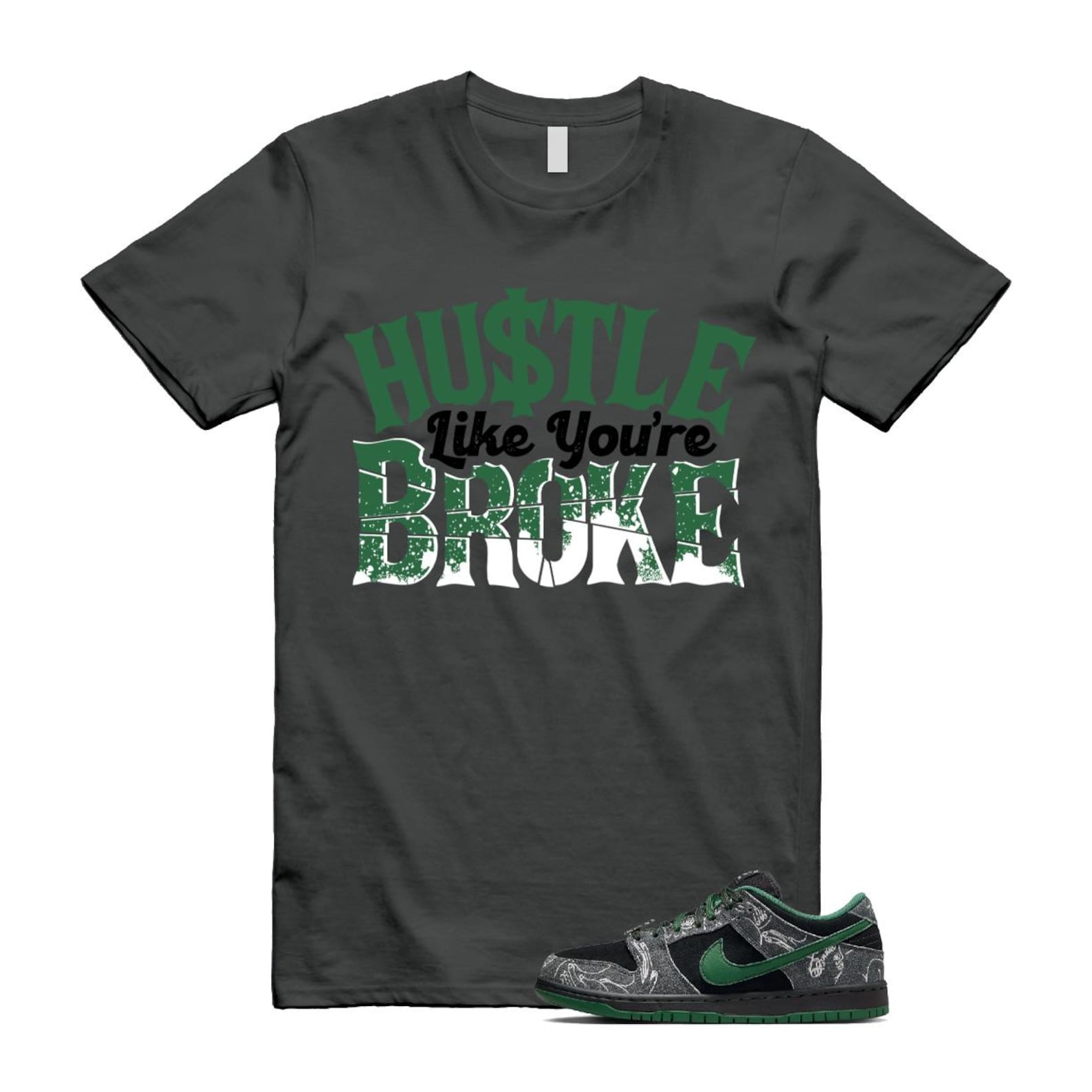 Dunk There Skateboards Grey Black Gorge Green Summit White SB Low T Shirt Match BROKE HF7743-001 T-Shirt, Sneaker Match Tee