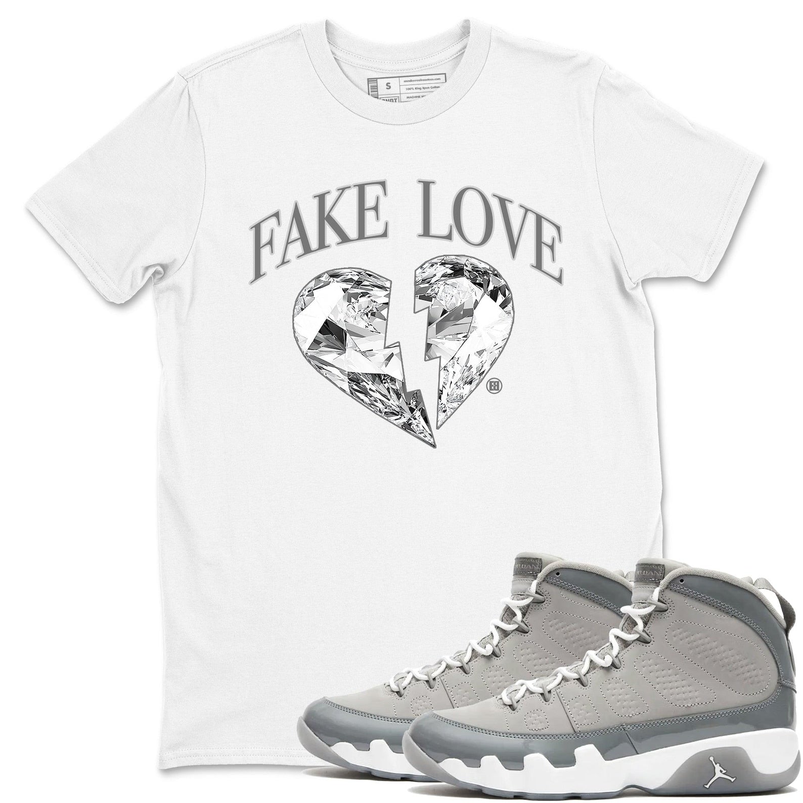 Fake Love Best T-shirts To Wear With Jordans 9s Retro Cool Grey, Medium Grey/White-Cool Grey, HV4794-011 T-Shirt, Sneaker Match Tee
