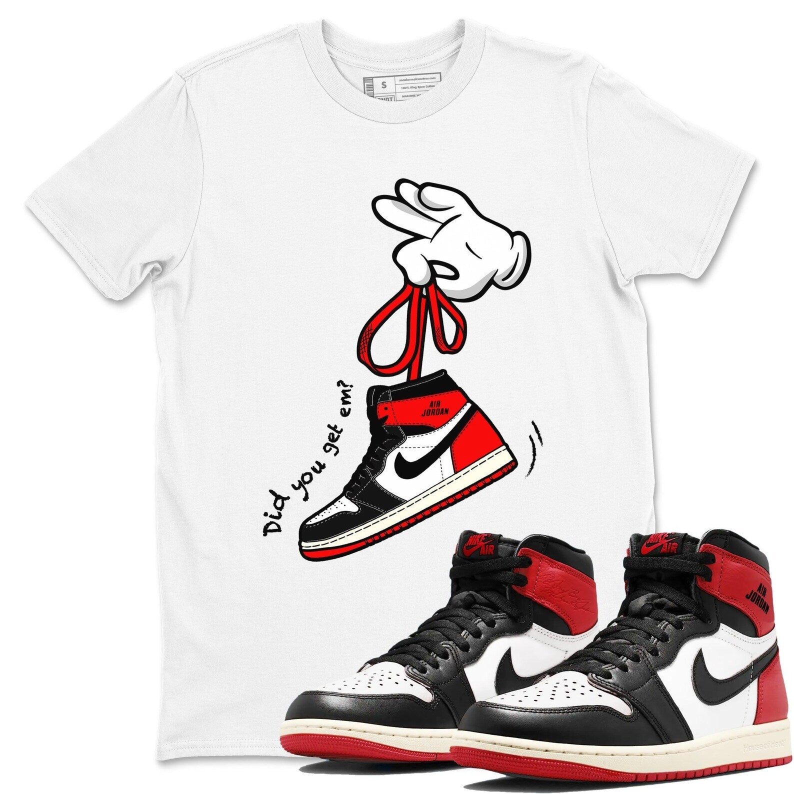 Cartoon Hands Sneaker Tee - Unisex Sneaker Shirts To Match Jordans 1s High OG Black Toe Reimagined, DZ5485-106 T-Shirt, Sneaker Match Tee