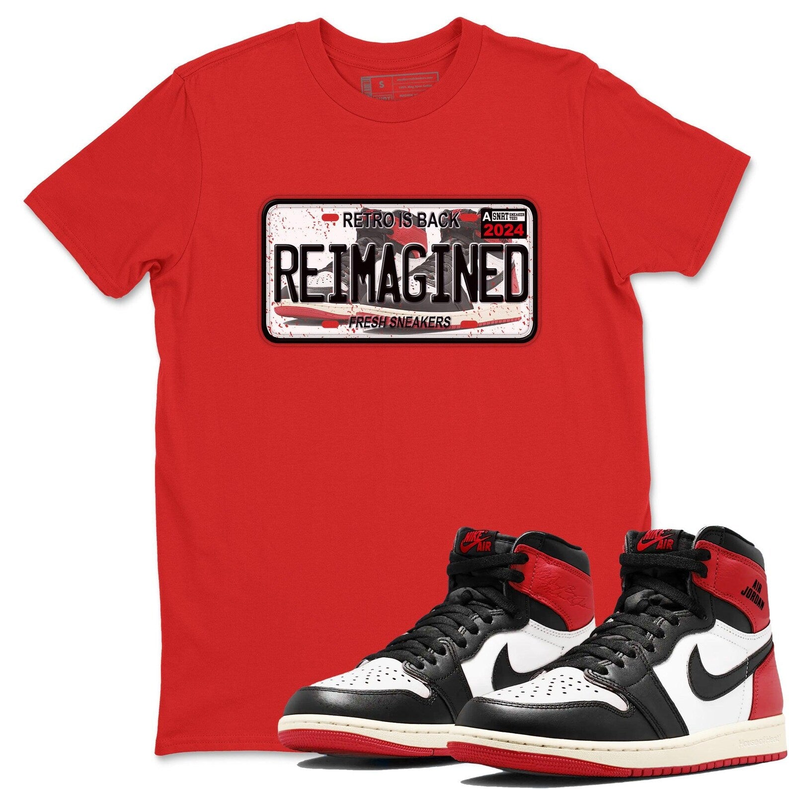 Sneaker Plate Sneaker Tee - Unisex Sneaker Shirts To Match Jordans 1s High OG Black Toe Reimagined, DZ5485-106 T-Shirt, Sneaker Match Tee