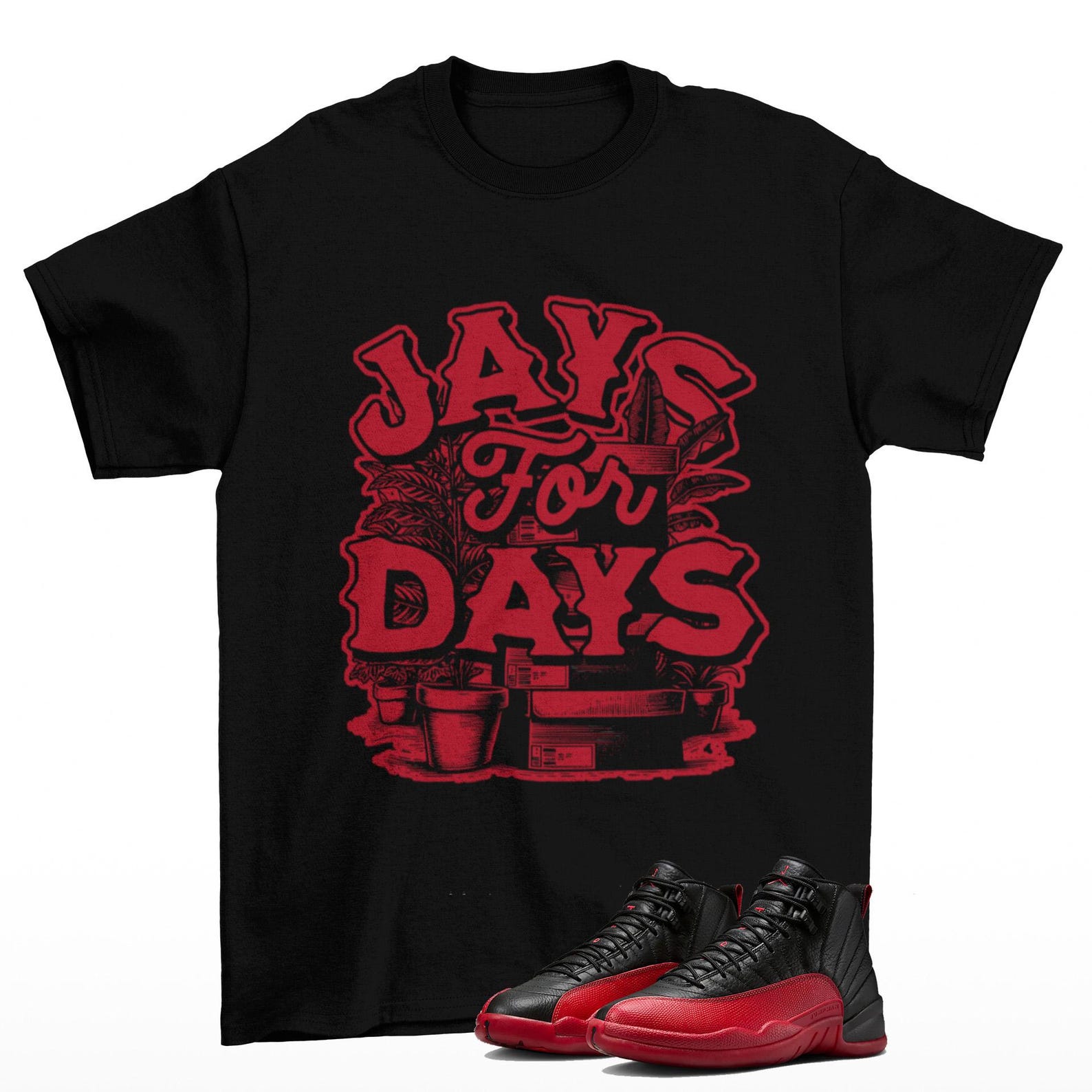 Stacked Jordan 12 Flu Game Sneaker Matching T Shirt Black, CT8013-002 T-Shirt, Sneaker Match Tee