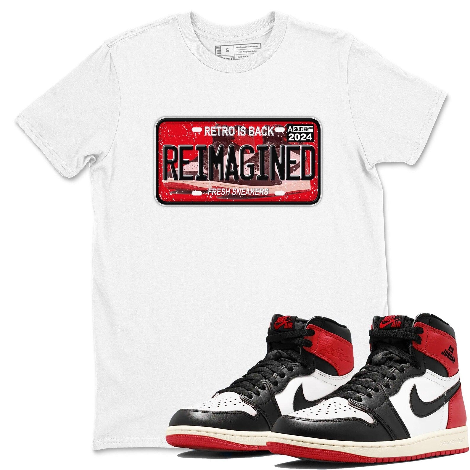 Sneaker Plate Sneaker Tee - Unisex Sneaker Shirts To Match Jordans 1s High OG Black Toe Reimagined, DZ5485-106 T-Shirt, Sneaker Match Tee